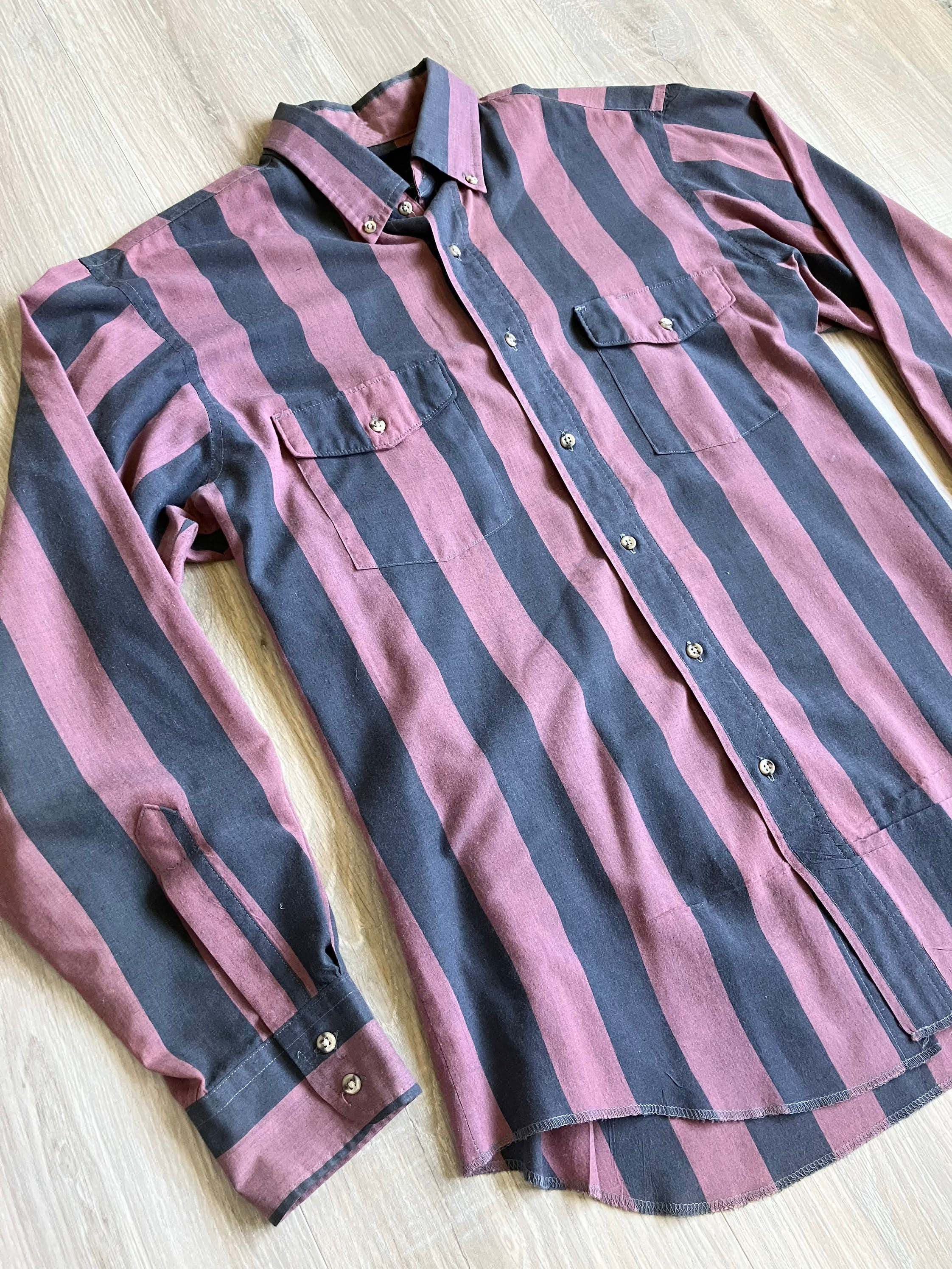 Men's Fashion Western Dark Blue Pink Striped Long Sleeve Shirt