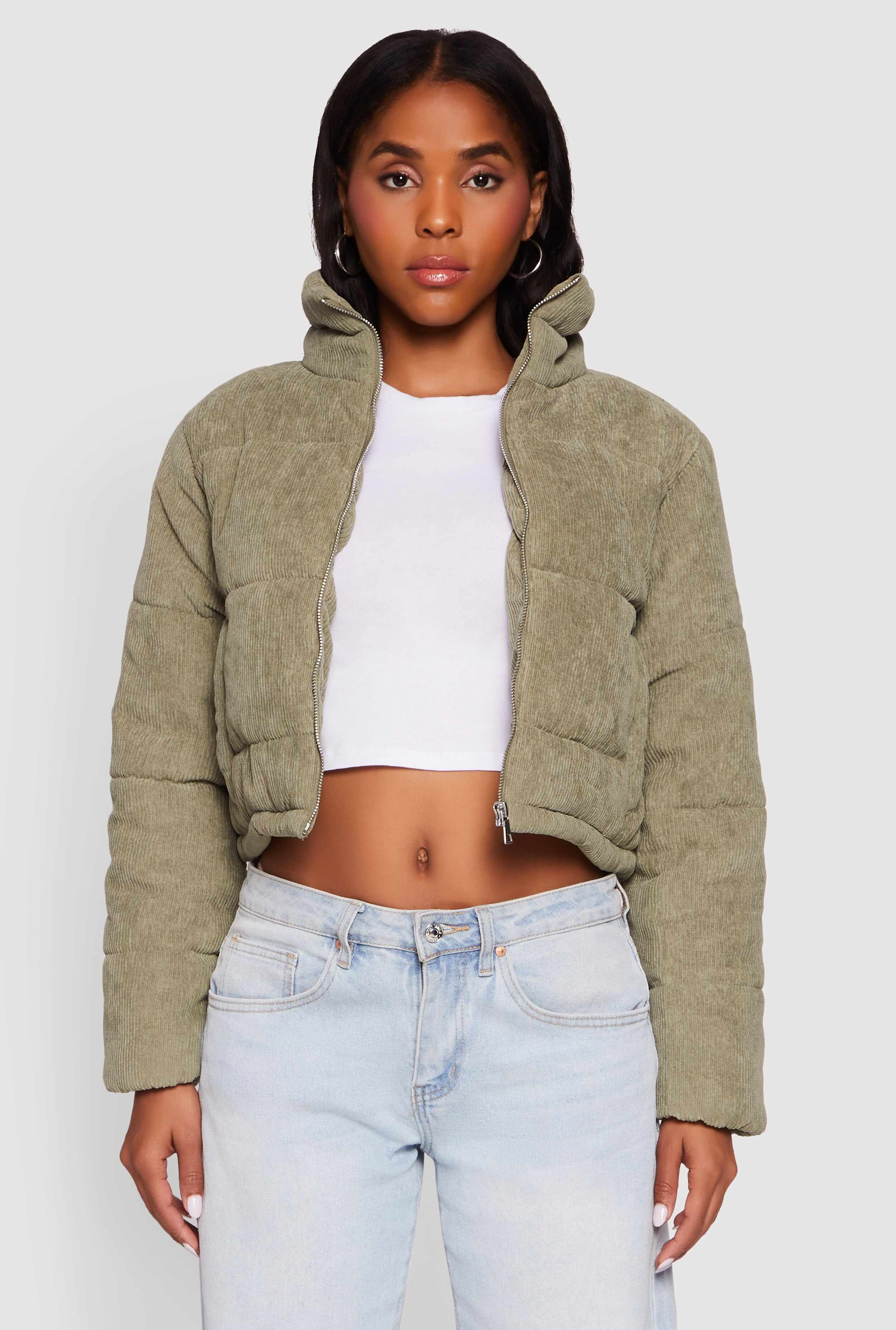 Mock Neck Zip Front Corduroy Puffer Jacket