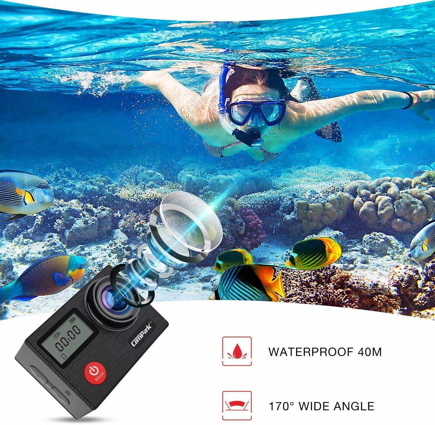 Underwater Camera,24MP 40m WiFi Dual Color Screen Action Camera 4K For Snorkeling Sports,Waterproof Camera with Bike Helmet,EIS Stabilization,170° Wide Angle,4X Zoom,2 Batteries and Mounting Kits