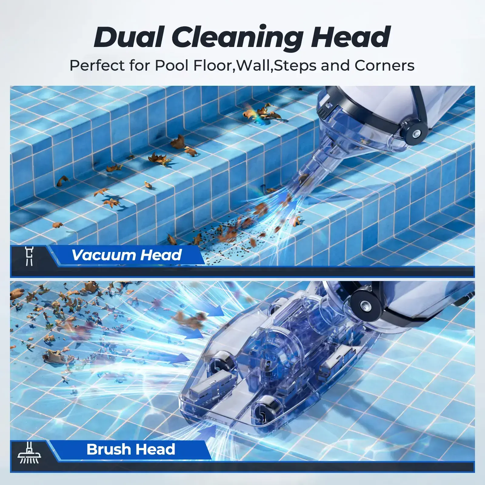 Pool Vacuum for Above Ground Pool, 18.5 GPM Powerful Suction Pool Vacuum with Telescopic Pole, 60min Runtime Dual Head Rechargeable Pool Cleaner,Ideal for Leaves, Debris