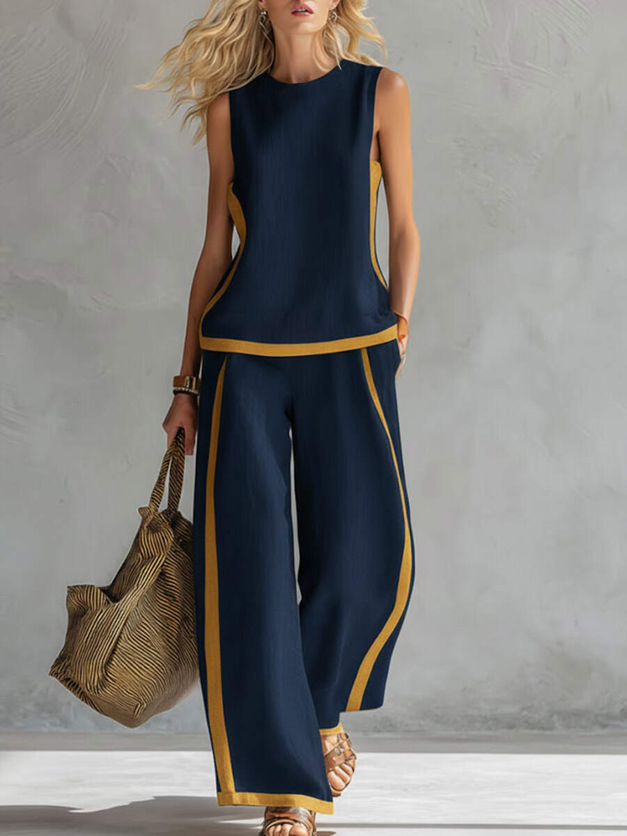 🔥Summer Arrivals🌟Women's Round Neck Sleeveless Casual Loose Top And High-waisted Loose Wide-leg Pants Cotton And Linen Set.