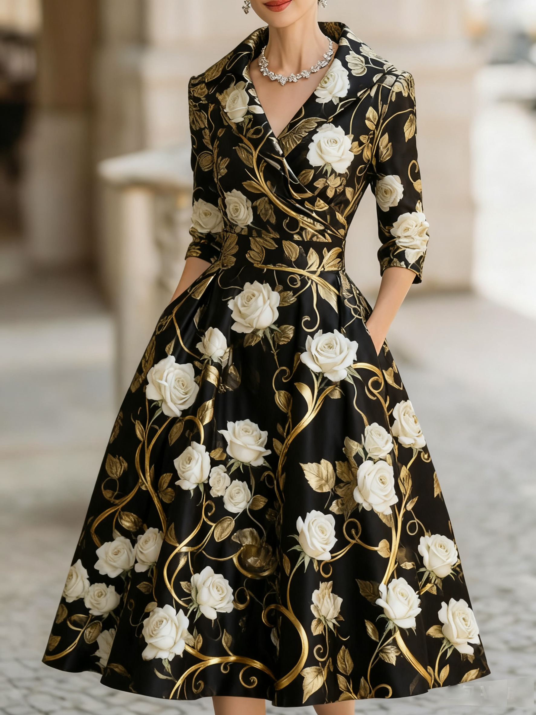 Vintage floral jacquard mid-length dress