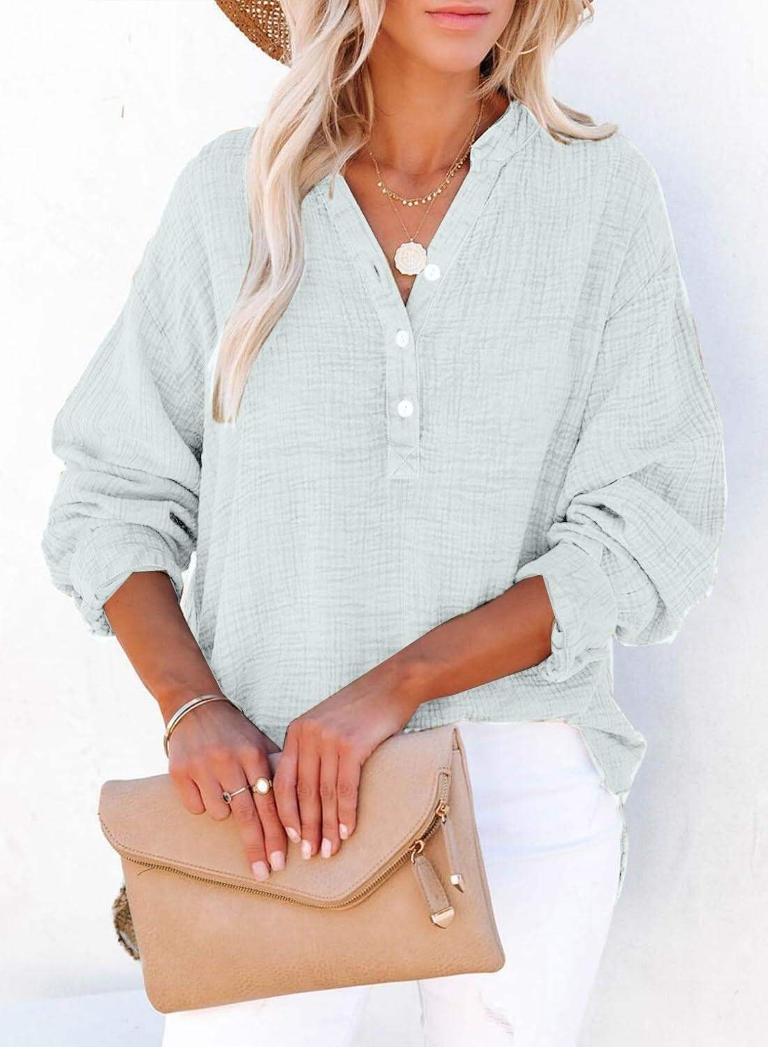 🔥10-Pack Womens Casual Gauze Button Neck Long Sleeve Oversized BlousesTops