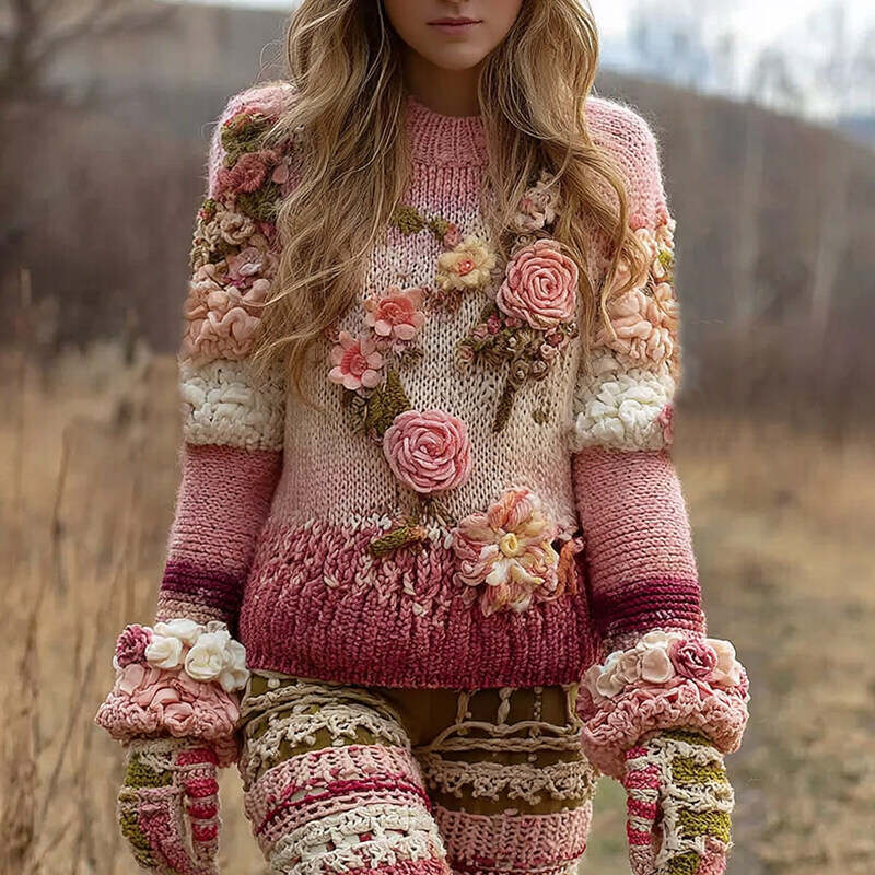 Women's Retro Gradient Rose Floral Art Cozy Crew Neck Sweater