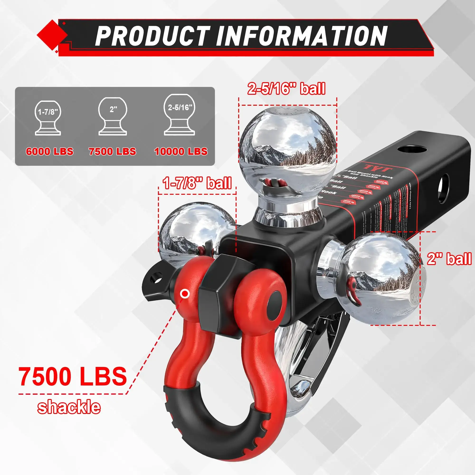 Tri Ball Mount Trailer Hitch ，Fits 2 inch Receiver, Triple Balls (1-7/8