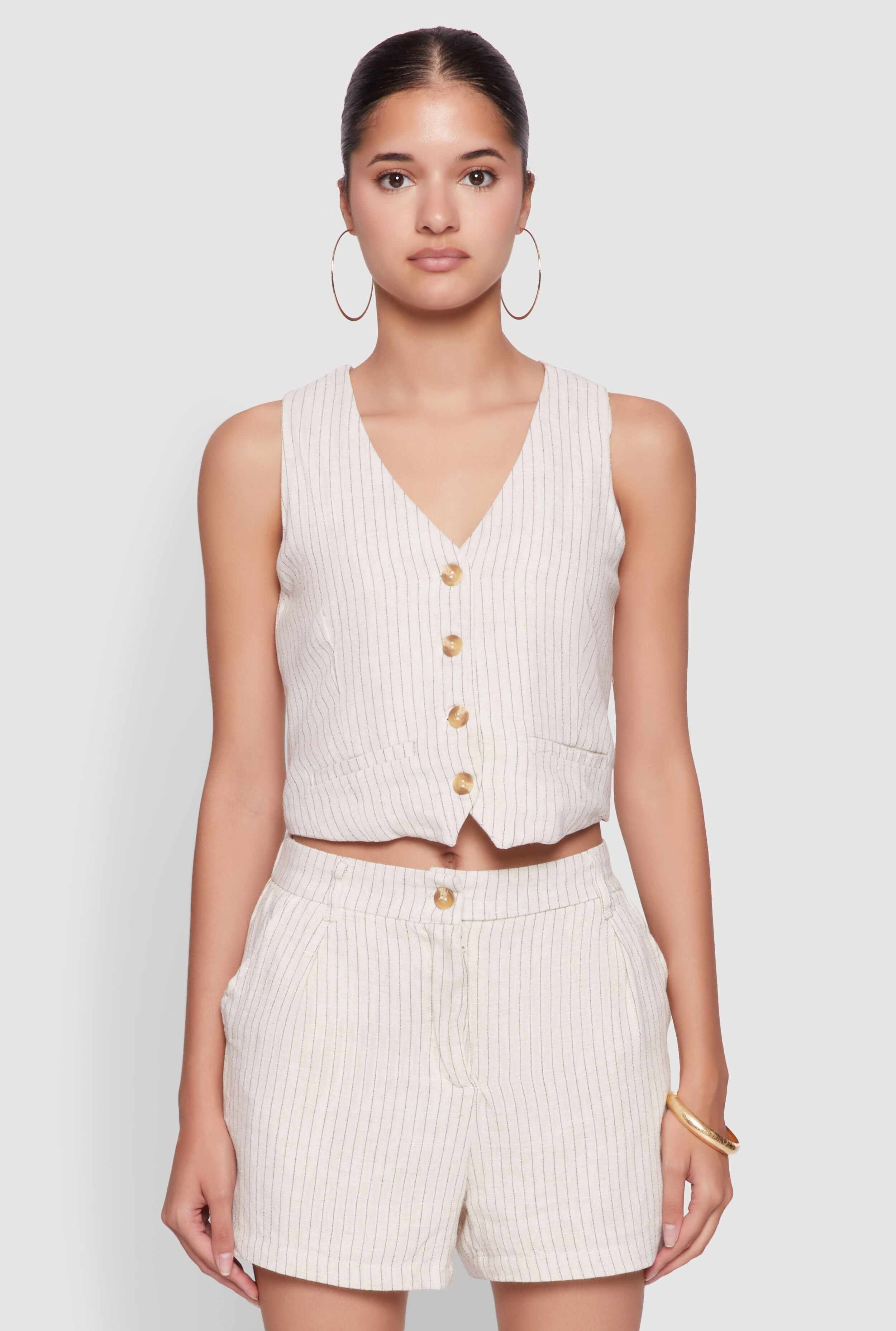 Chic Linen Pinstripe Button Front Cropped Blazer Vest