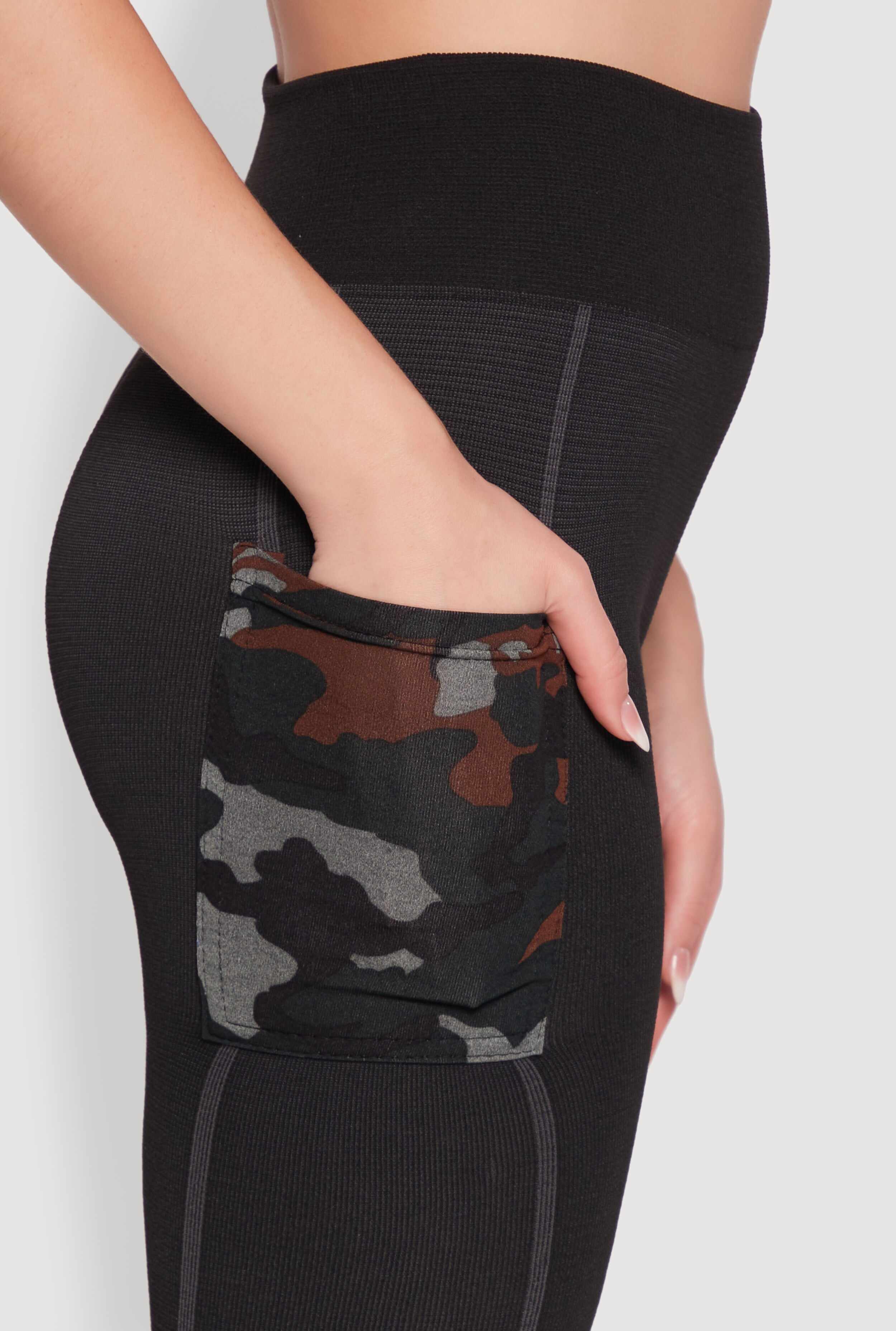 Trendy High Waisted Camo Pocket Laser Cut Leggings