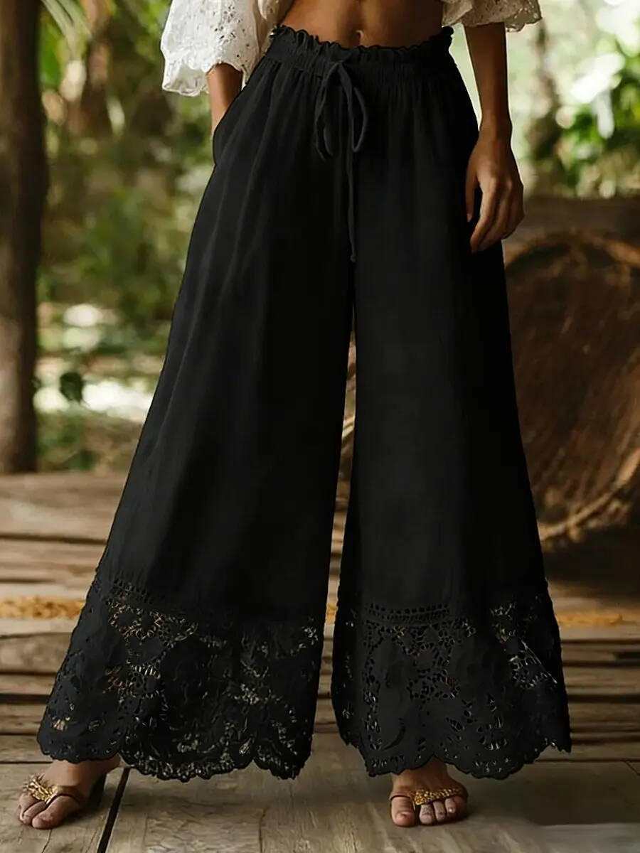 🔥Summer Arrivals🌟Women's Solid Color High-waisted Drawstring Wide-leg Pants With Cotton And Linen Lace Trim