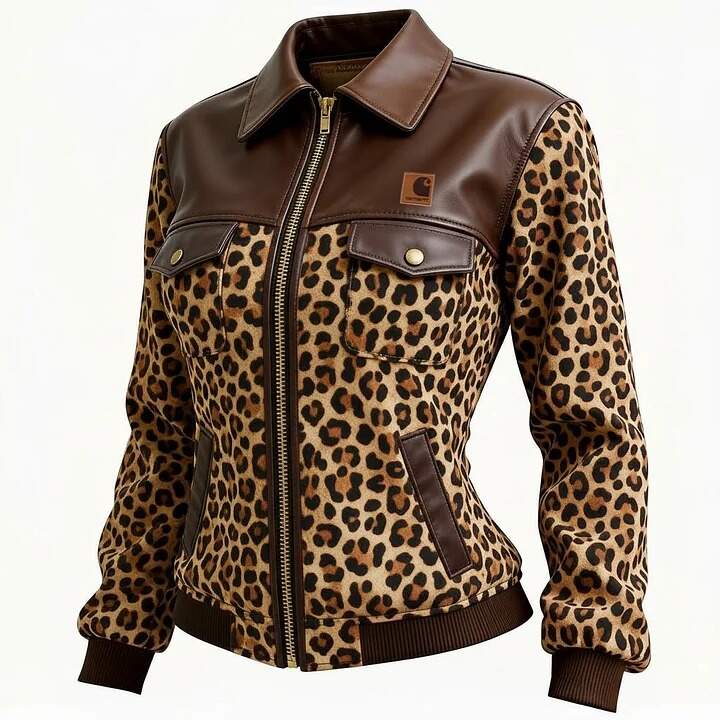 Women's Retro Leather Patchwork Leopard Print Collar Jacket