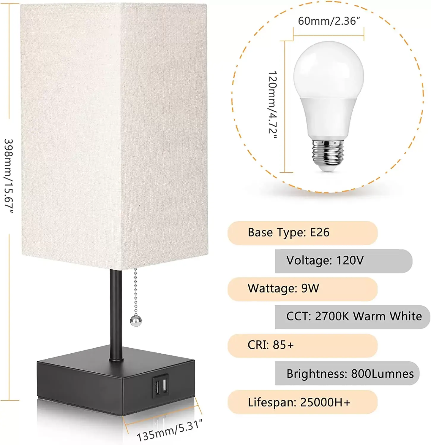 GGOYING Bedside Table Lamp, Pull Chain Table Lamp with Dual USB Charging Ports, 2700K LED Bulb, Fabric Linen Lampshade, Nightstand Lamp for Livingroom Bedroom Office Reading Working
