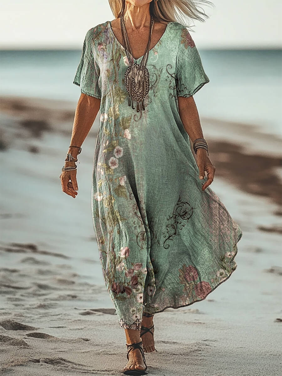 Women's Vintage Ethnic Floral Art Short Sleeve Pocket Cotton Linen Dress