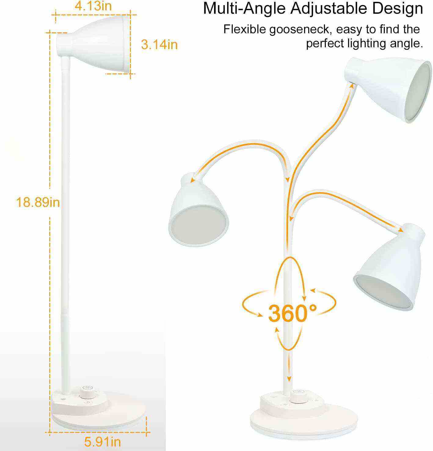 BOHON LED Desk Lamp with USB Charging Port 3 Color Modes Dimmable Reading Light Intelligent Induction Auto Dimming Task Lamp Flexible Gooseneck Table Lamp for Bedside Office, AC Adapter Include