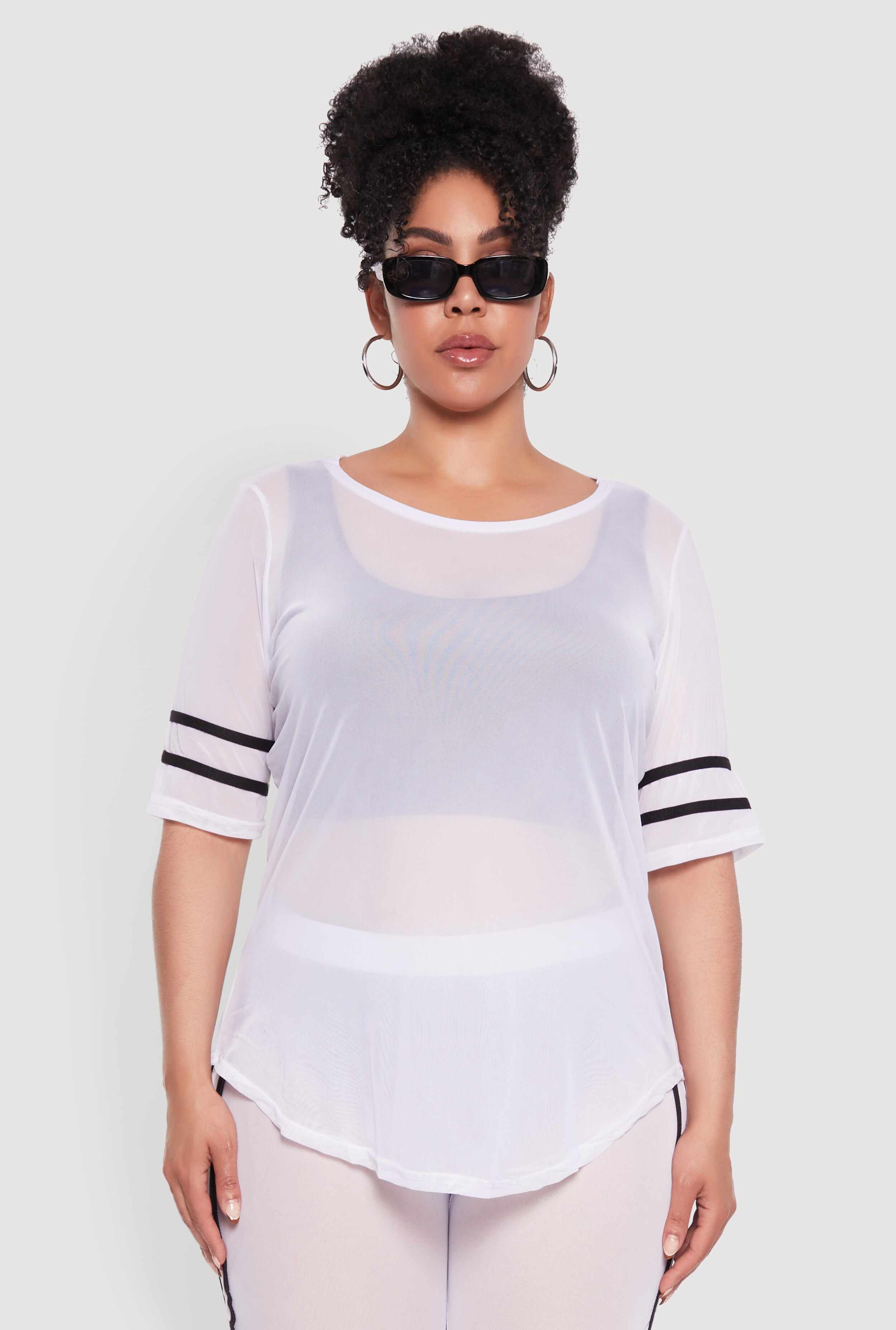 Plus Size Varsity Stripe Short Sleeve Mesh Top