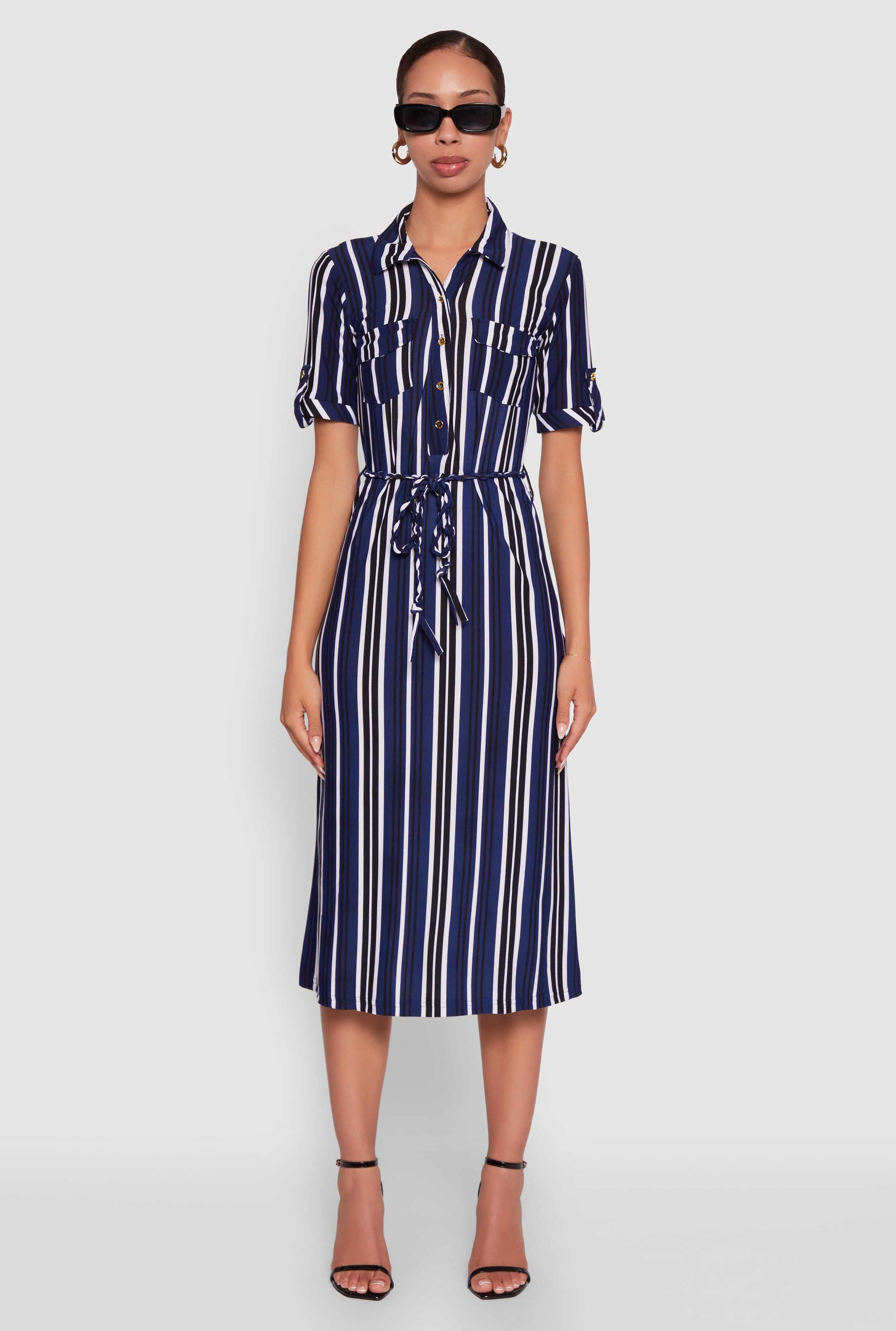 Trendy Half Button Tie Waist Striped Midi Shirt Dress