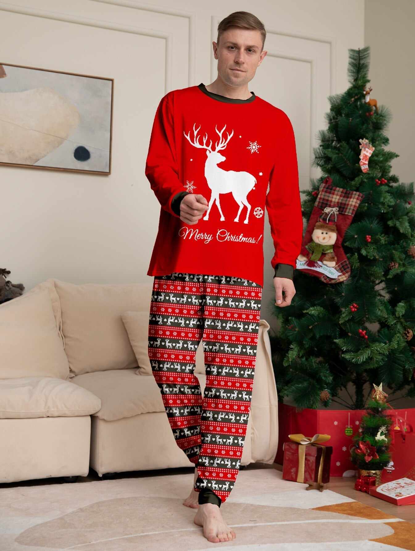 Family Parent-Child White Fawn Printed Pajamas Set