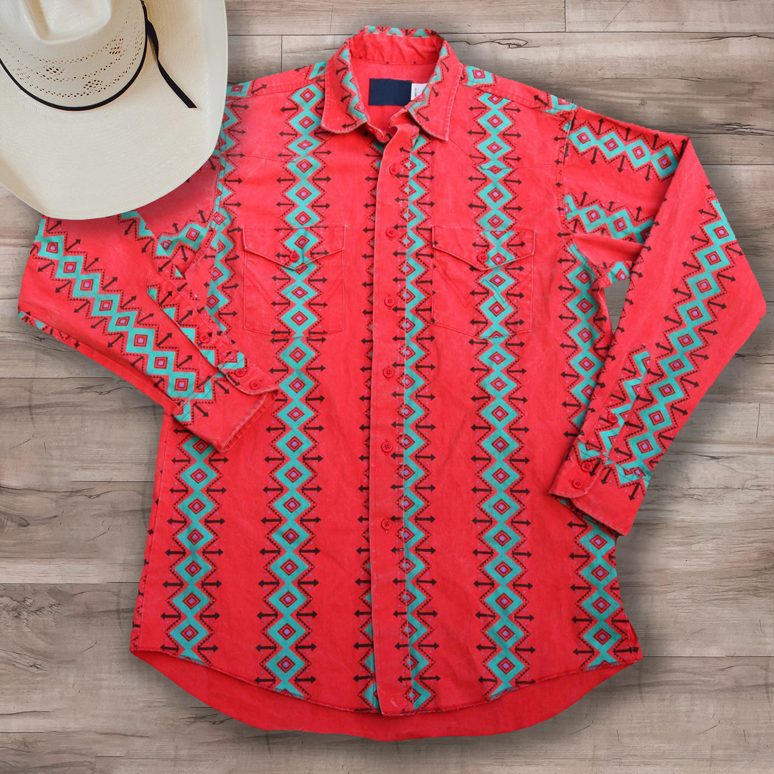 Men's Lapel Casual Western Red Totem Print Striped Shirt