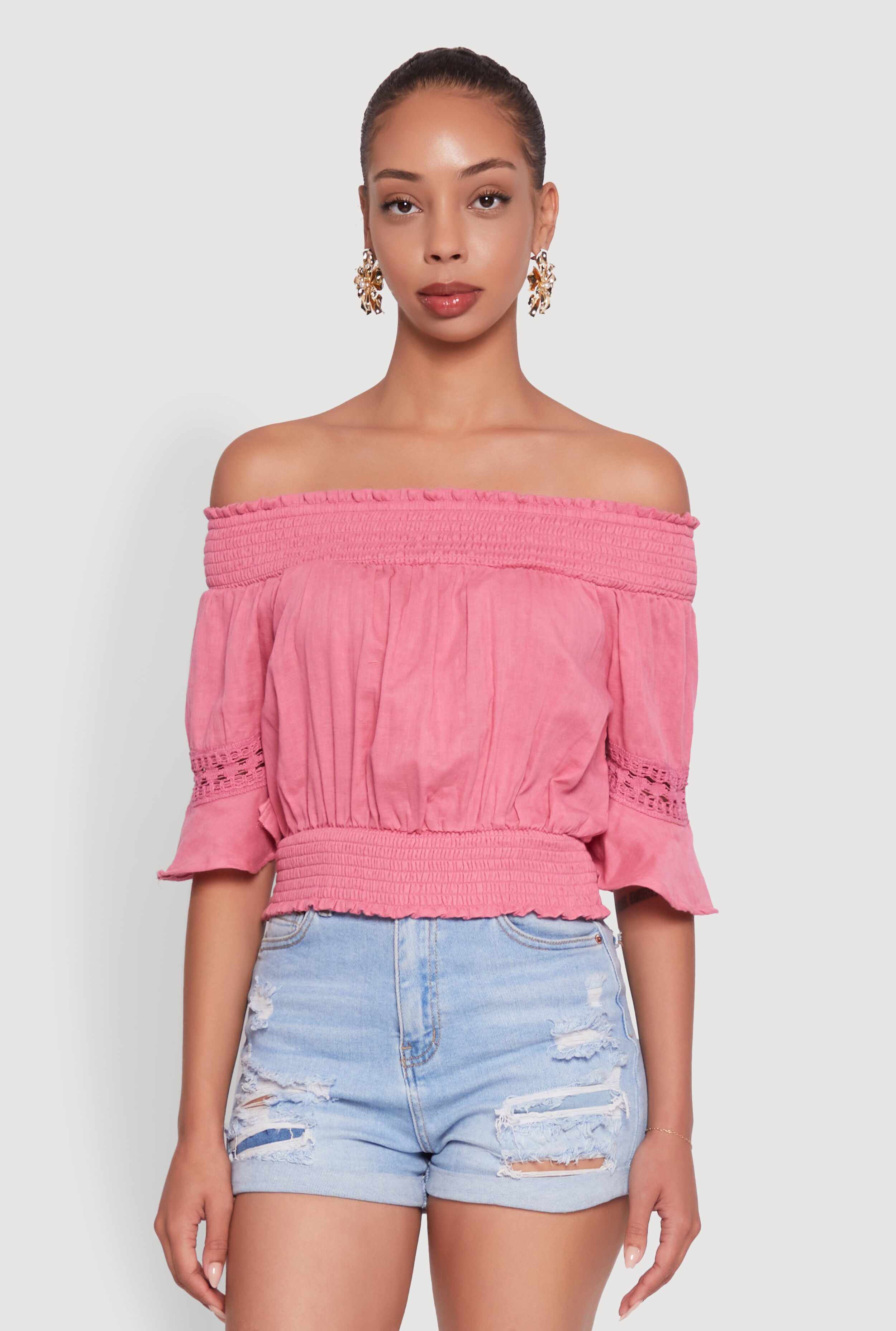 Off The Shoulder Smocked Cropped Peasant Top