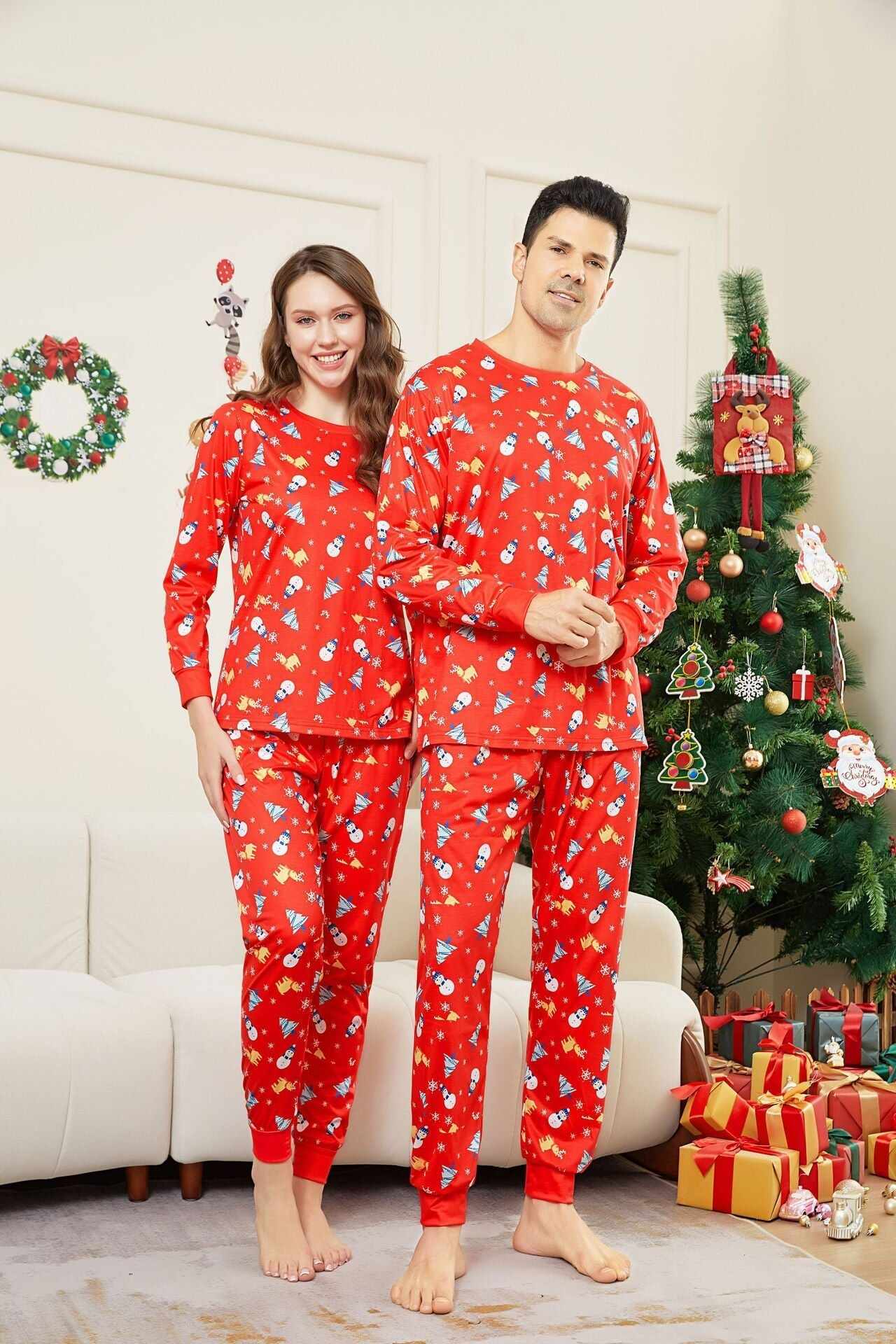 Family Parent-Child Christmas Tree Snowman Deer Printed Pajamas Set
