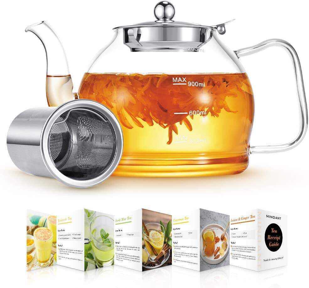 MINO ANT Tea Set ̈C 1200ml Glass Teapot with Removable Stainless Steel Infuser, and 4 Glass Teacups, Stovetop Safe Tea Kettle Gift Set, Blooming and Loose Leaf Tea Maker Set
