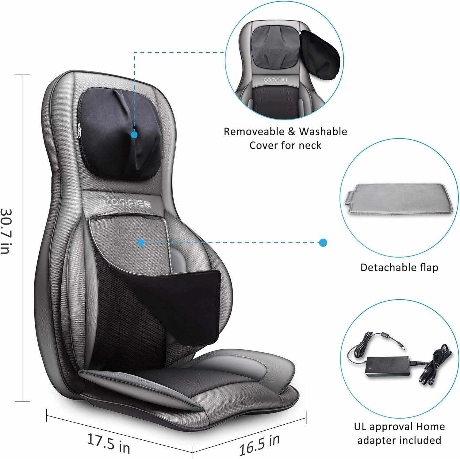 COMFIER Shiatsu Neck Back Massager with Heat and Compression, App Control 2D or 3D Deep Tissue Kneading Massage Chair Pad, Chair Massager for Full Body Pain Relief, Ideal Gifts,Grey