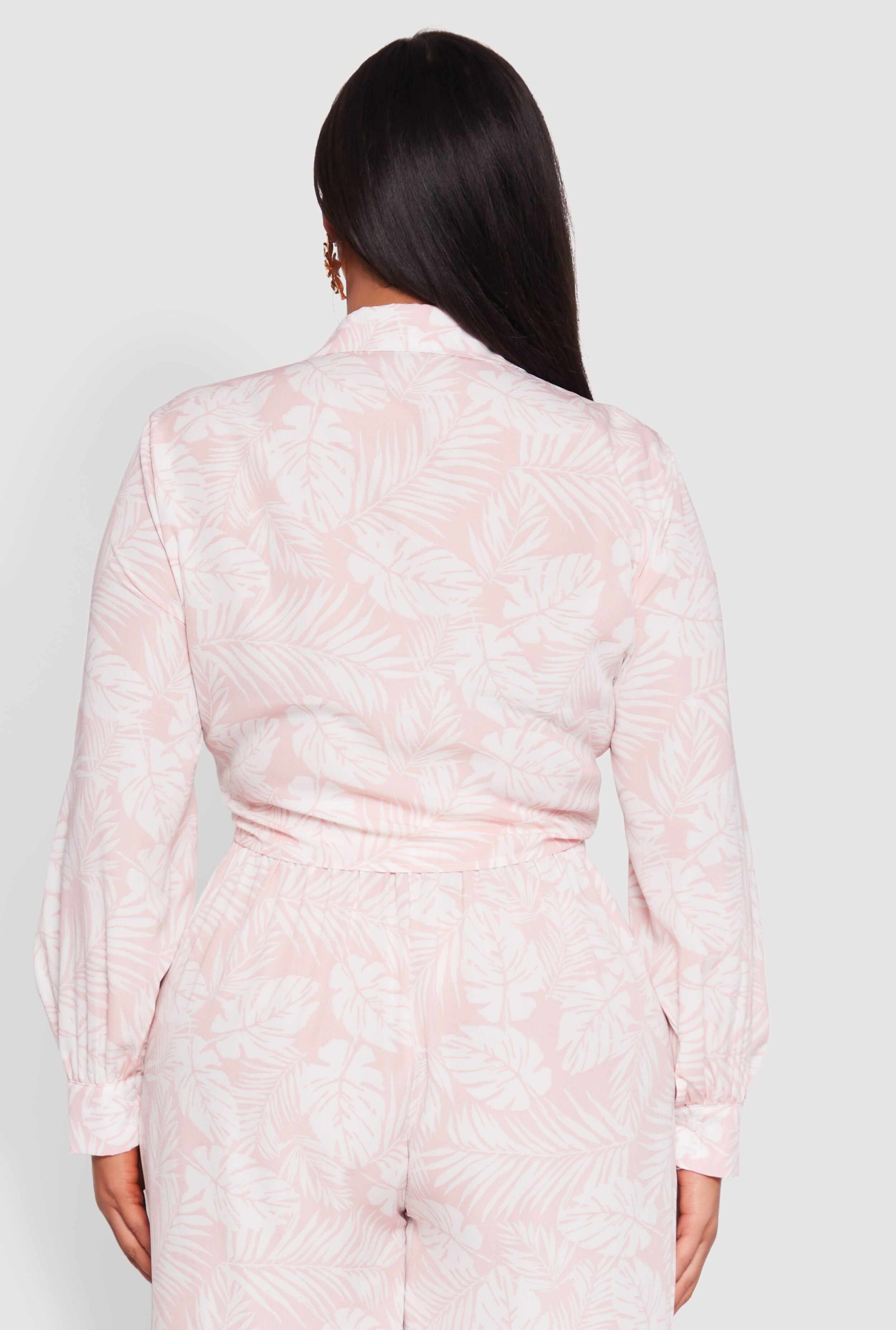 Plus Size Airy Leaf Print Tie Front Crop Top