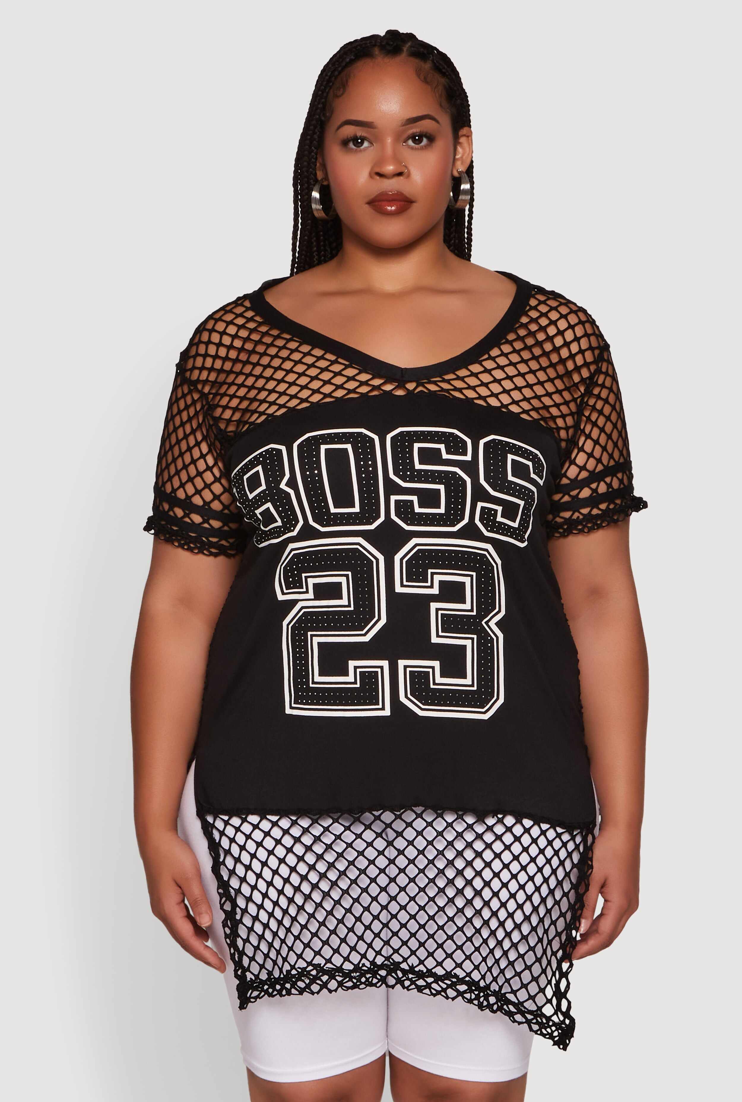 Plus Size Fishnet Boss 23 Rhinestone Graphic Top with Varsity Stripe Details