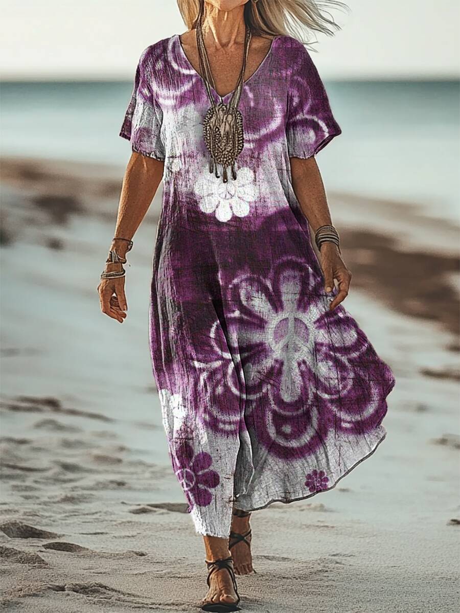 Women's Vintage Tie-Dye Hippie Peace Floral Art Print V Neck Pocket Cotton Dress