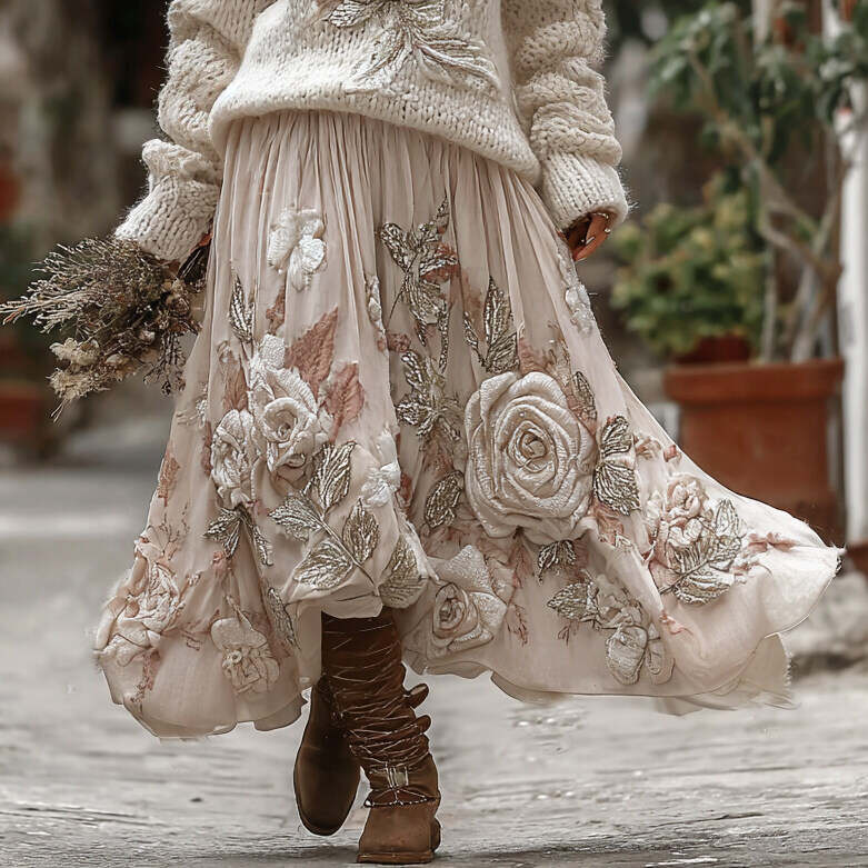 Vintage Rose In White Art Cozy Knit Turtleneck Sweater And Linen Skirt Two-piece Set