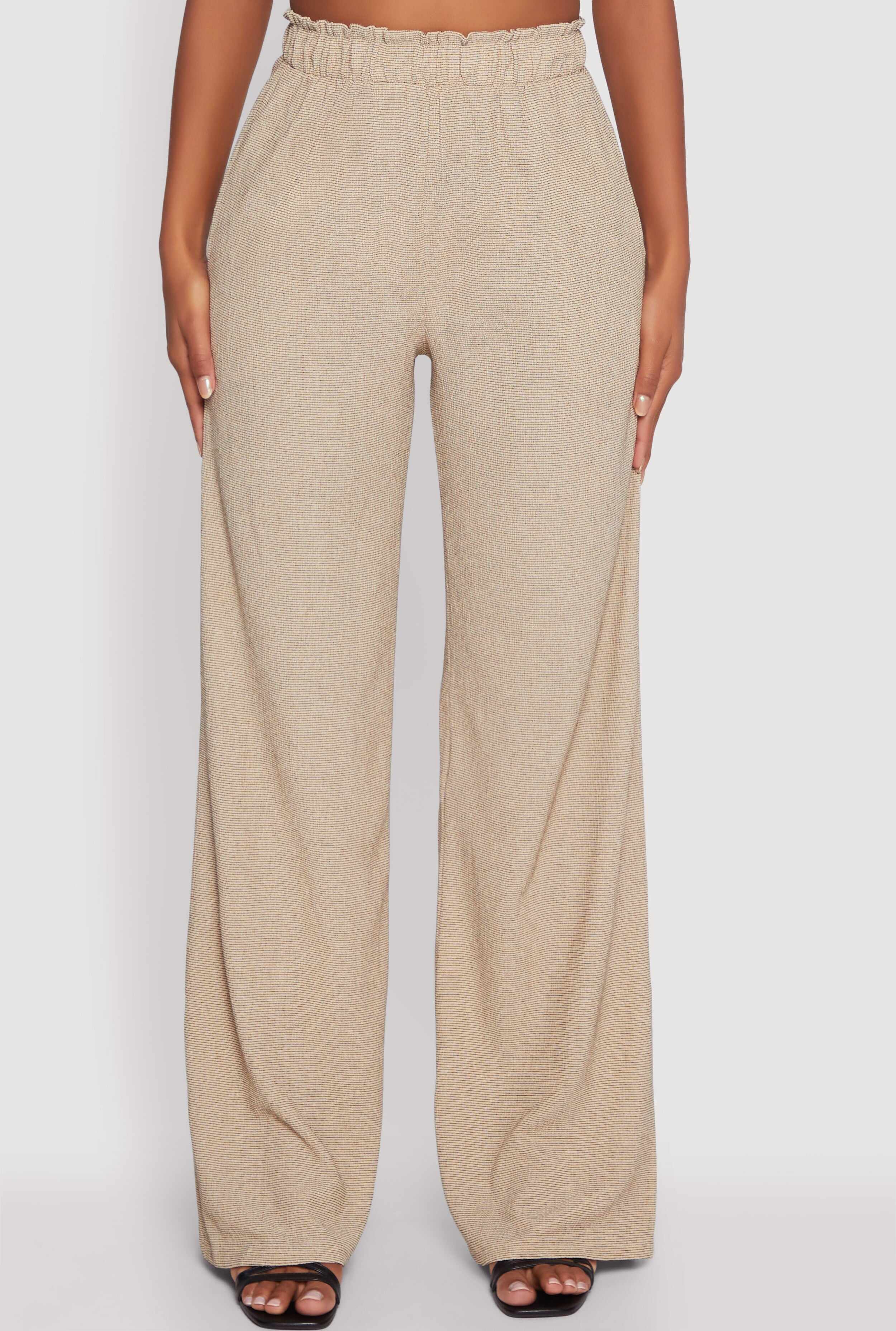 Textured Knit Paper Bag Waist Wide Leg Pants
