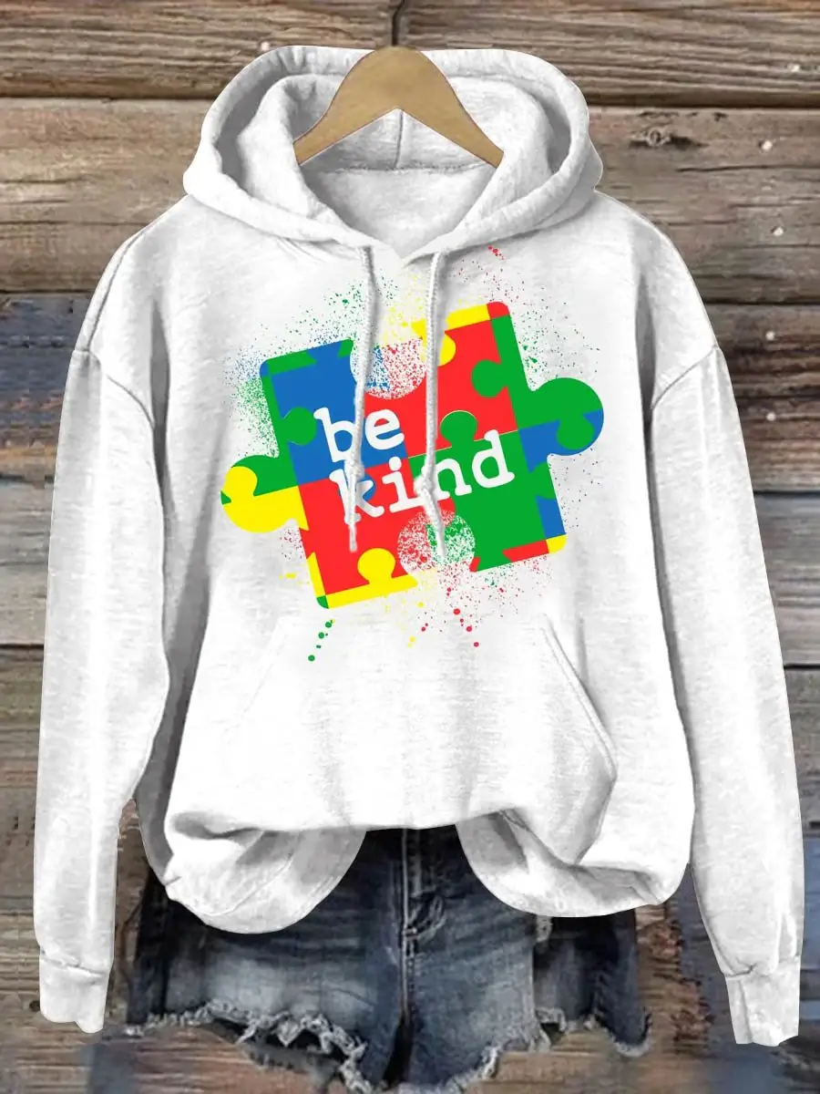 Be Kind Puzzle Piece Splatter Autism Awareness Print Casual Hoodie