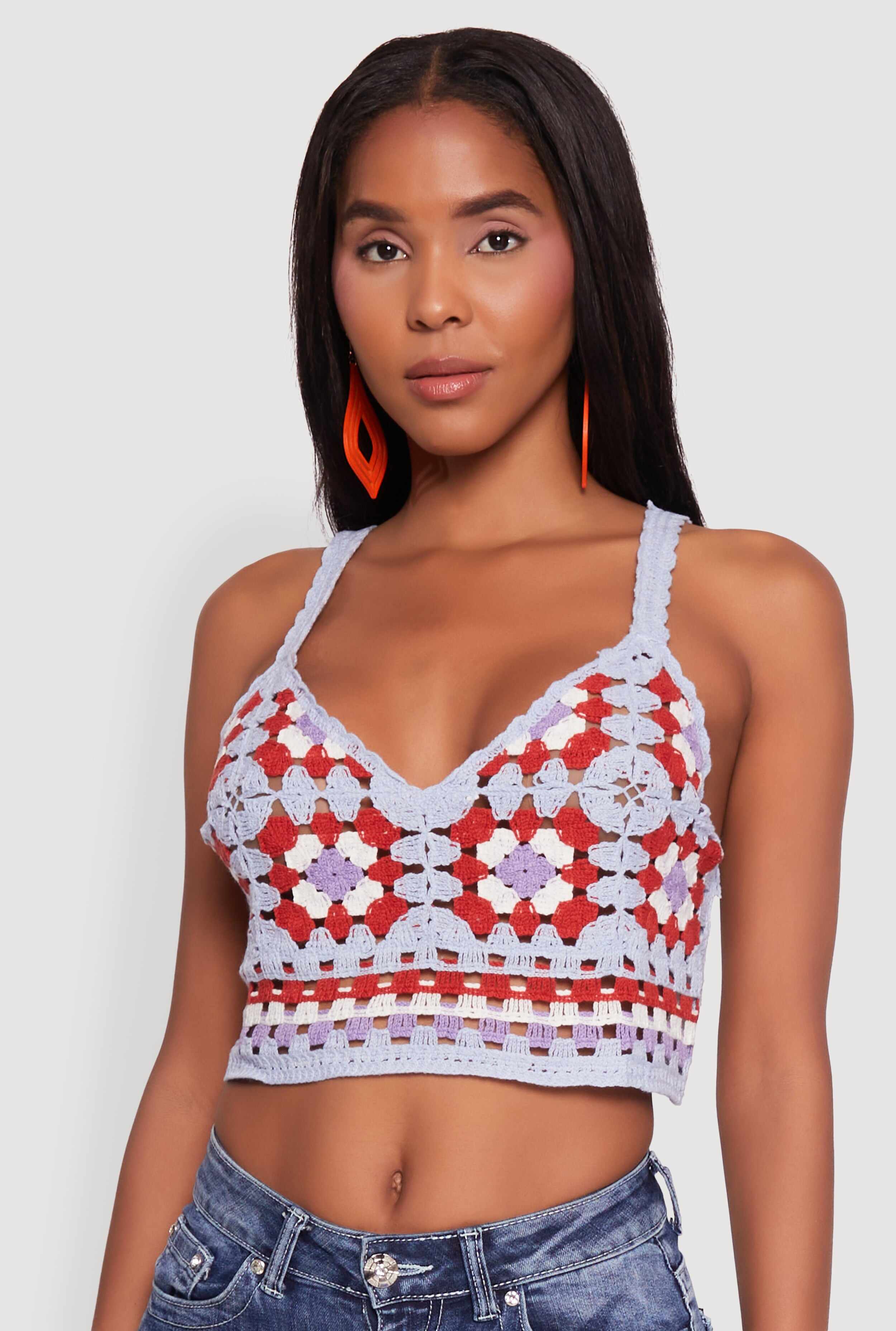 Trendy Color Blocked V-Neck  Crochet Crop Top