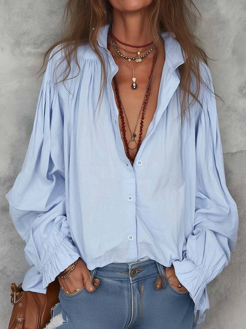 🔥Summer Arrivals🌟Minimalist Cozy Solid Color Stand Collar Cotton Blouse