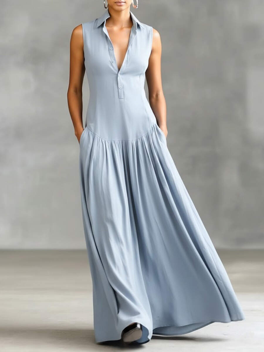 🔥Summer Arrivals🌟Women's Solid Color Lapel Sleeveless Casual Loose Cotton Dress