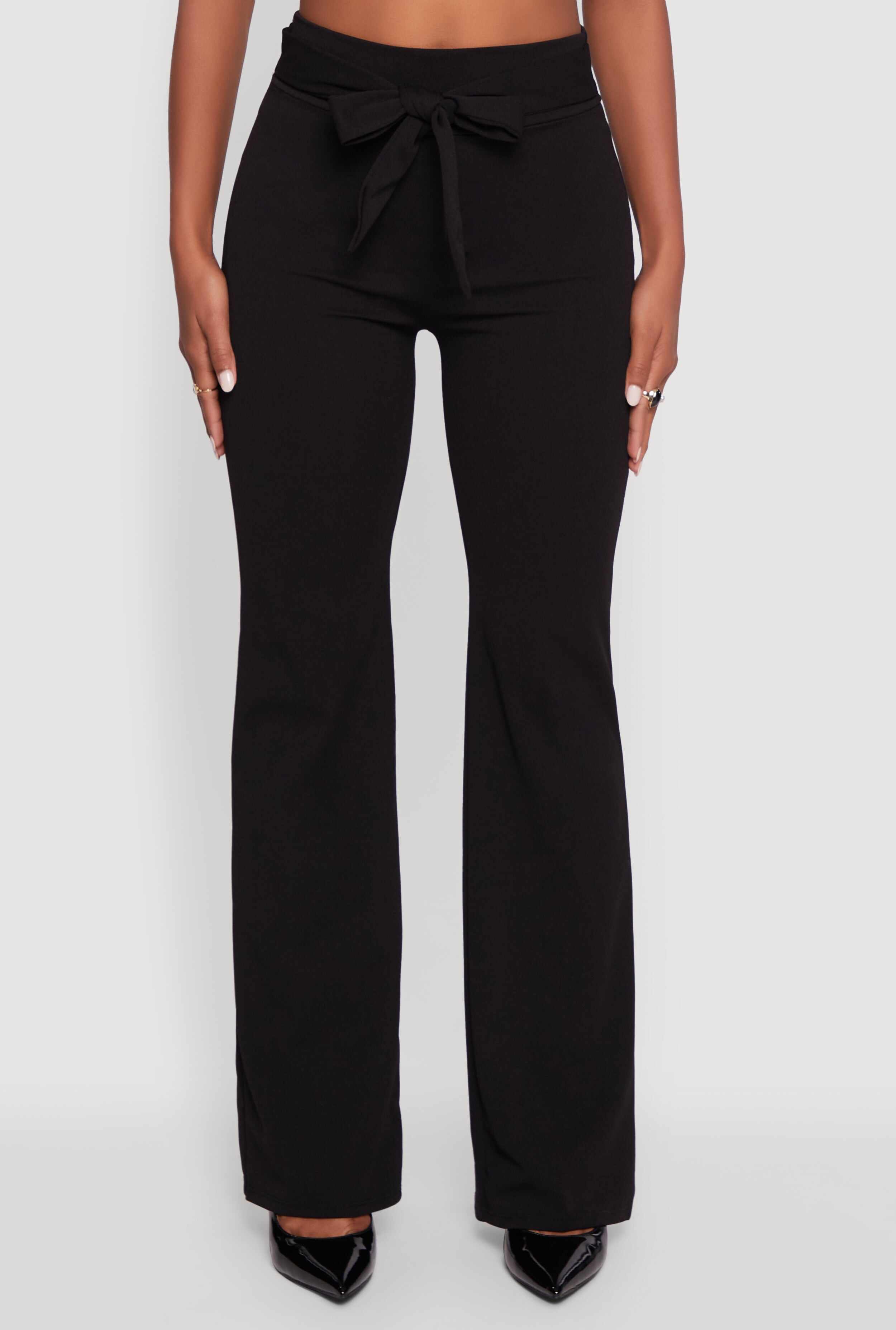 High Waisted Crepe Knit Tie Front Dress Pants