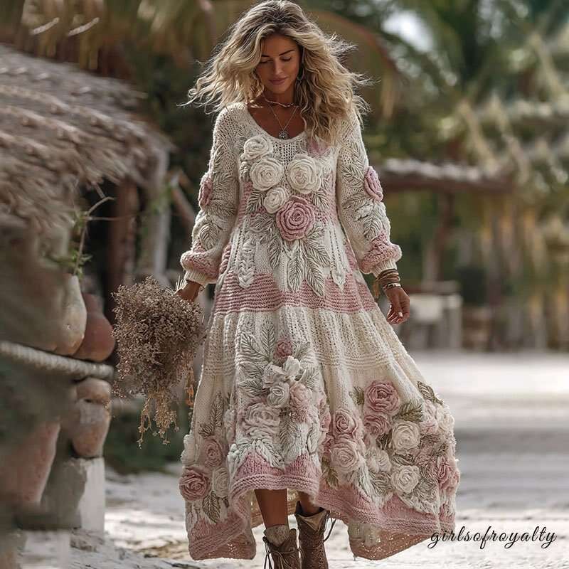 Women's Vintage Romantic White Rose Embroidery Art Comfy Knitted Maxi Dress