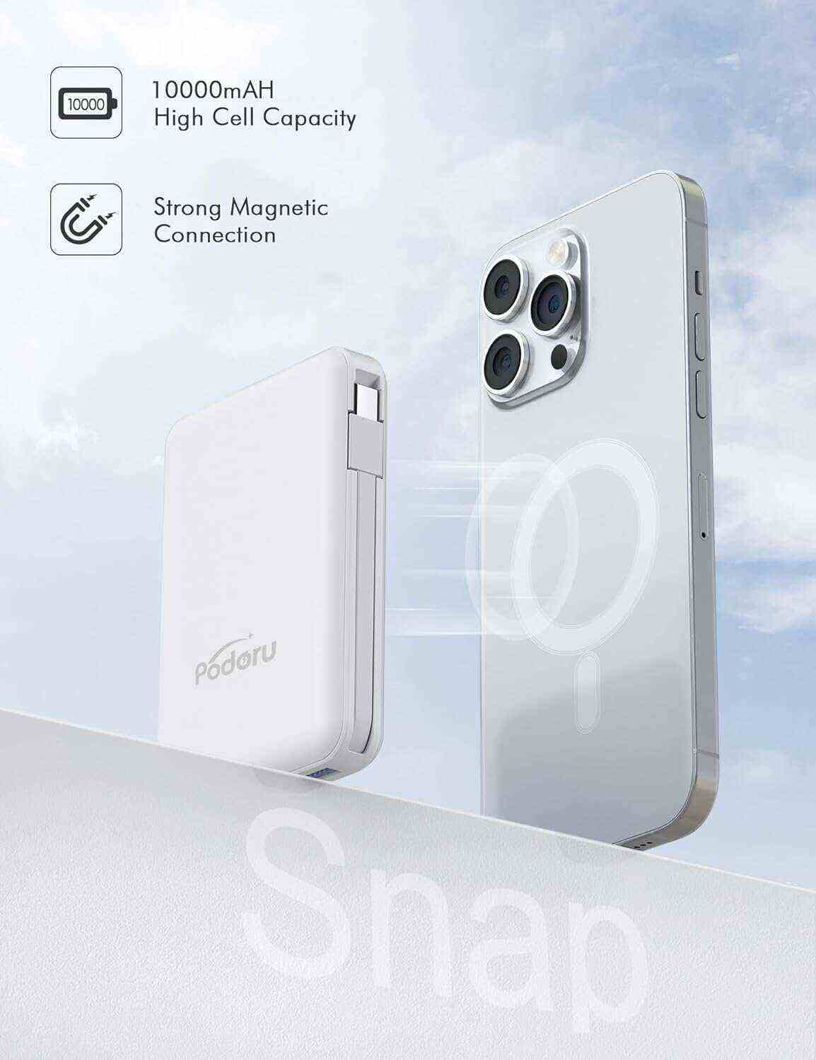 podoru Wireless Portable Charger, 10000mAh Magnetic Power Bank Built-in USB-C Lighting Cables 22.5W PD Fast Charging LED Display Mag-Safe Battery Pack for iPhone 15/14/13/12/Mini/Pro/Pro Max - White