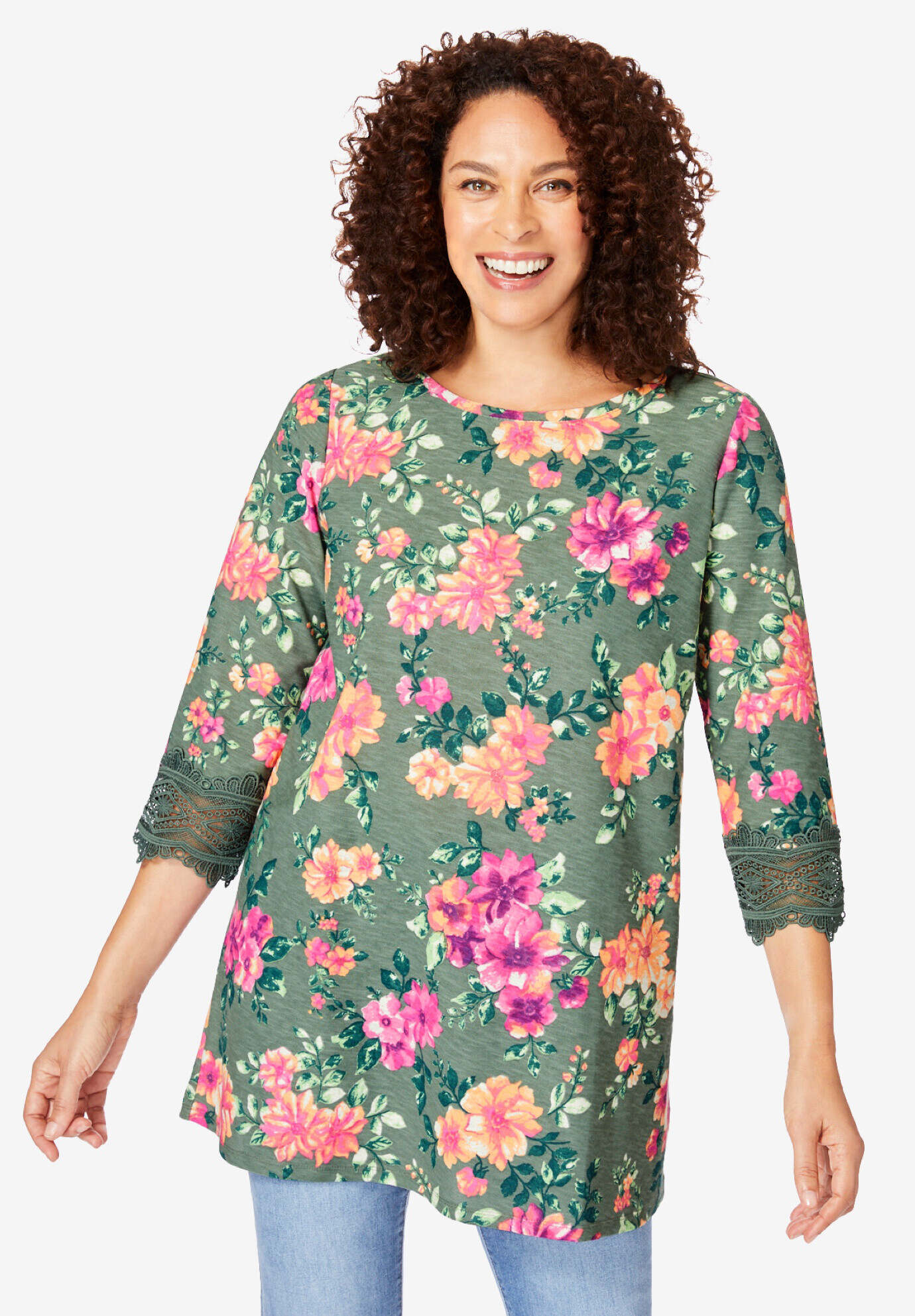 Crochet-Trim Three-Quarter Sleeve Tunic