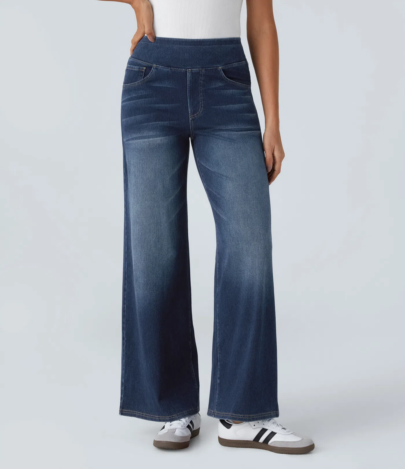 💝Last day promotion⚡High Waisted Multiple Pockets Baggy Wide Leg Washed Stretchy Knit Casual Jeans