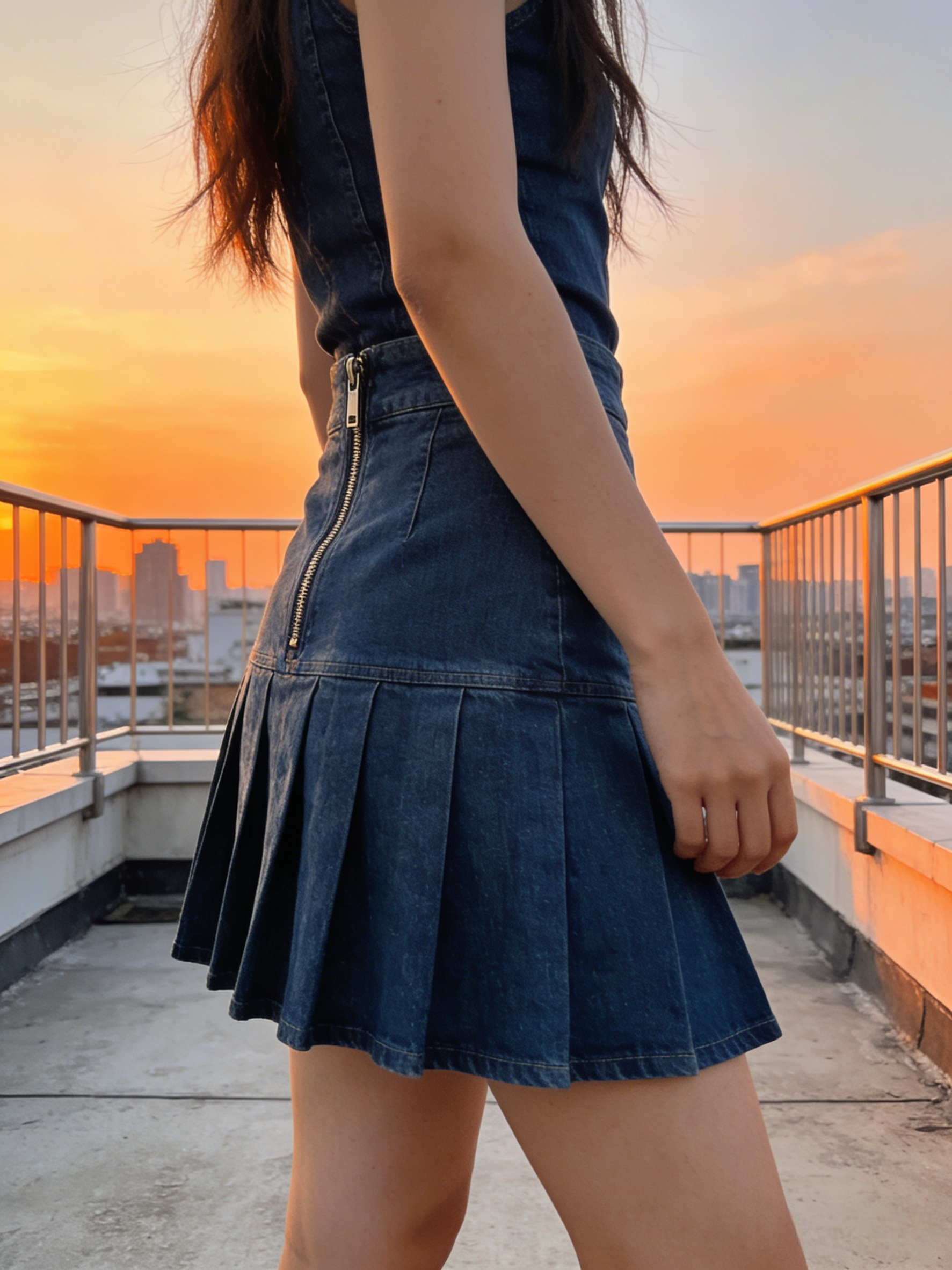 Blue Pockets Patchwork Denim Skirts Wrinkled Elastic Waist Summer