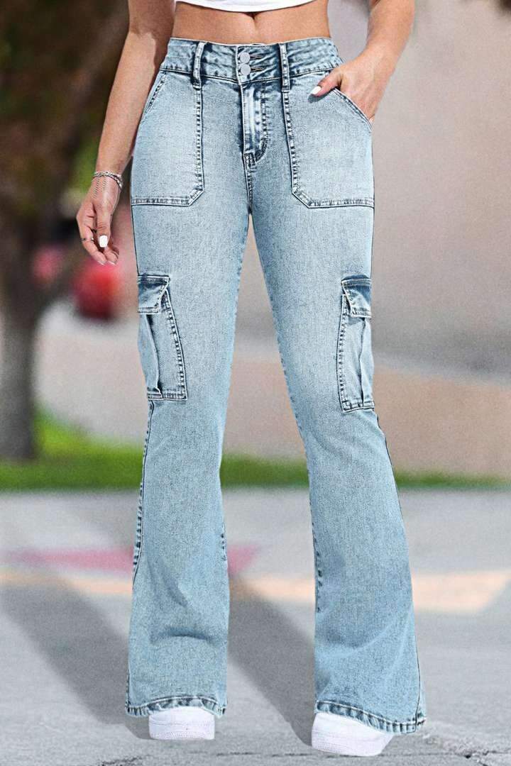 Multi Pocket Double Button Mid Rise Flare Cargo Jeans