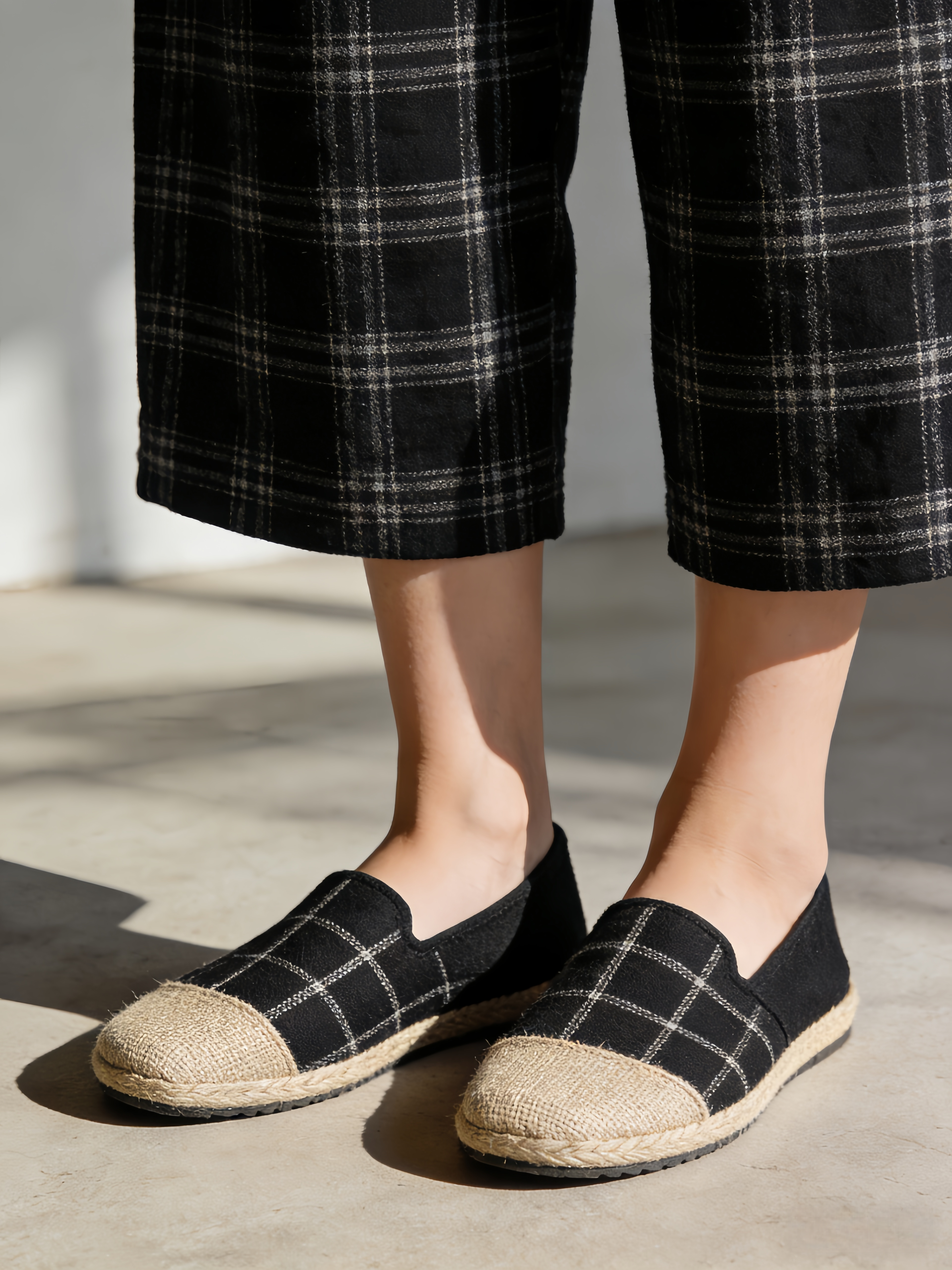 Black Plaid Cotton Linen Patchwork Flat Feet Shoes