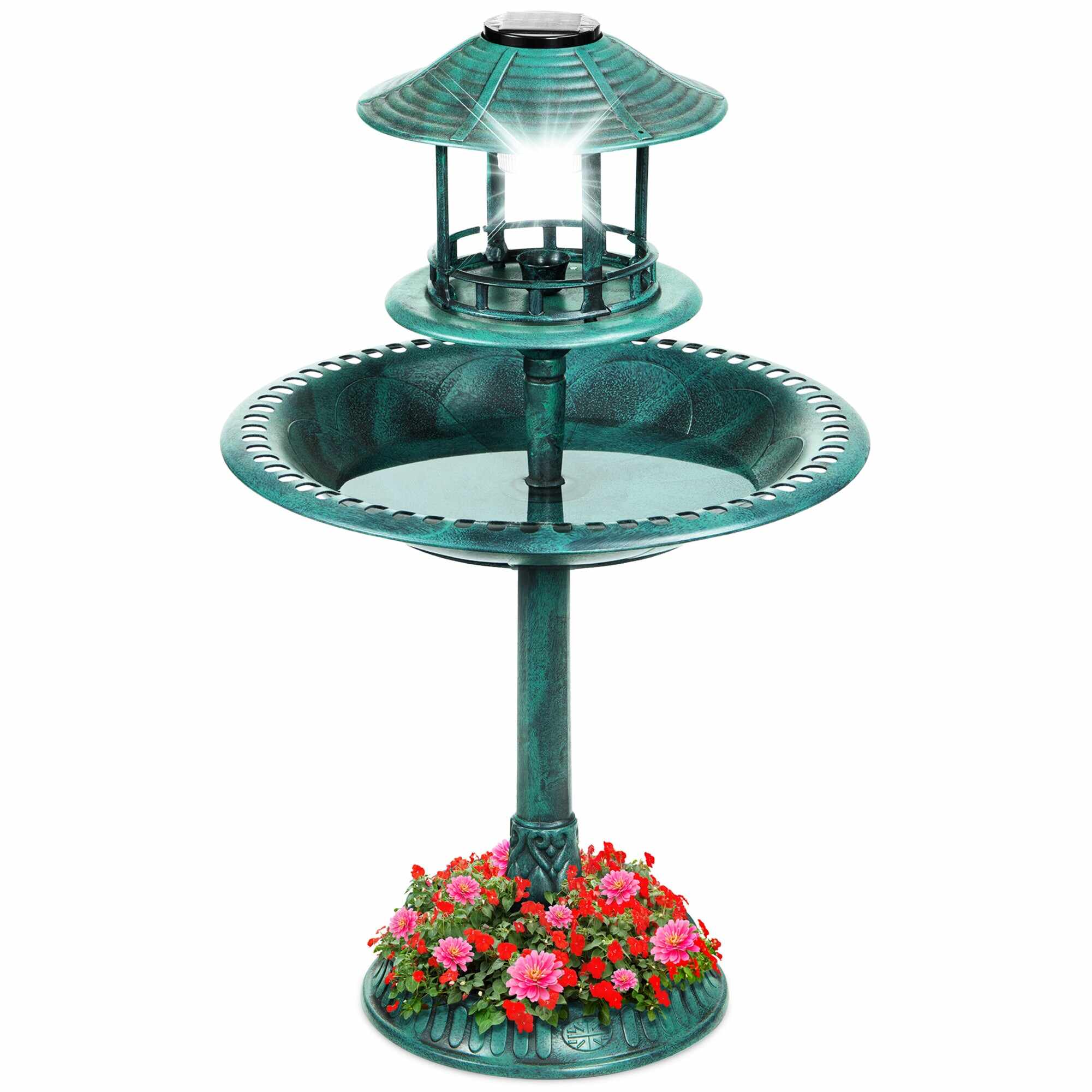 Solar Lighted Outdoor Pedestal Bird Bath w/ Planter, Decorative Bird Cage