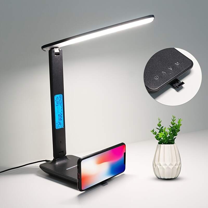 1pc OTHAI LED Desk Lamp, Office Table Lamp With Wireless Charger, Suitable For Home, Office Dimmable Desk Lamp, With USB Charging Port, Built-in Clock, Calendar, Thermometer And Reading Desk Lamp