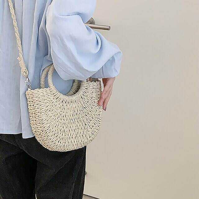 Women's Handbag Crossbody Bag Straw Bag Straw Holiday Beach Large Capacity Breathable Solid Color Folk off white khaki