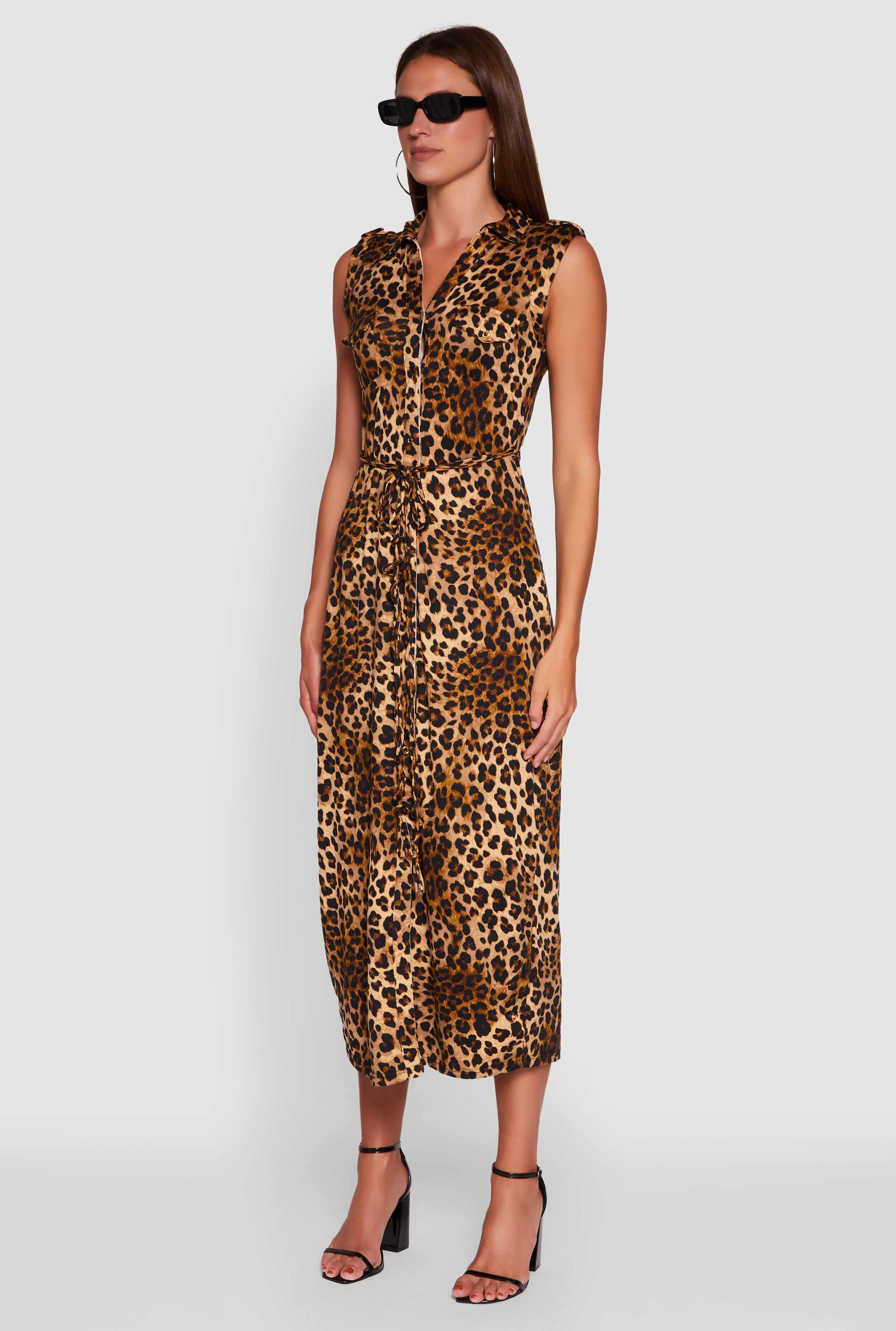 Patterned Button Front Sleeveless Maxi Shirt Dress