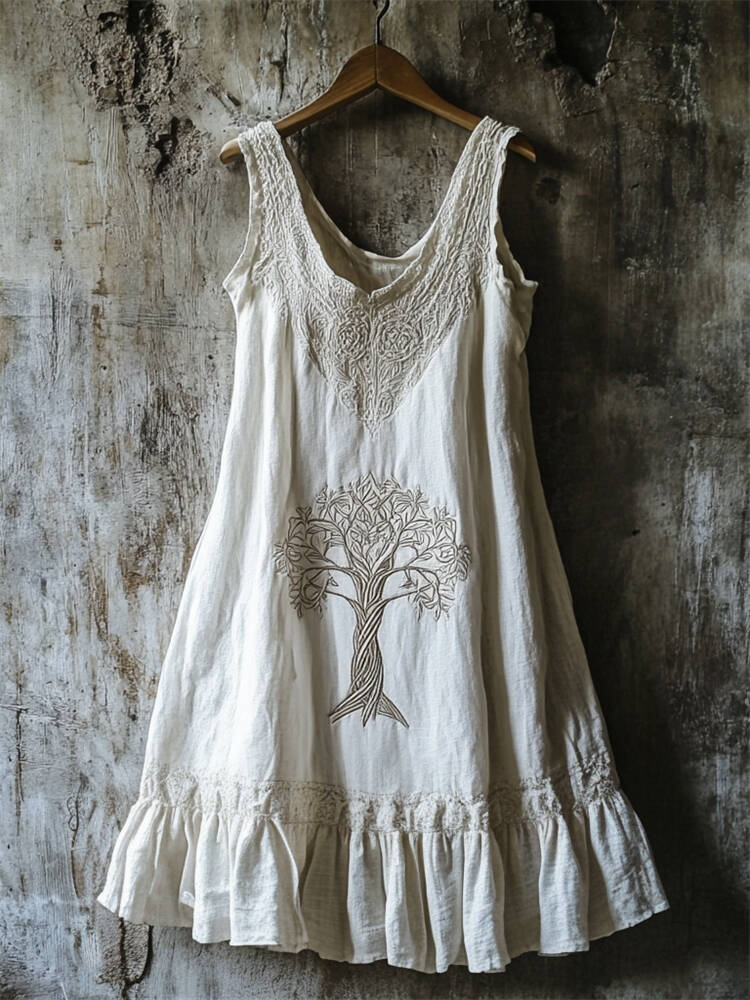 Tree Of Life Lace Patchwork Ruffle Hem Linen Dress