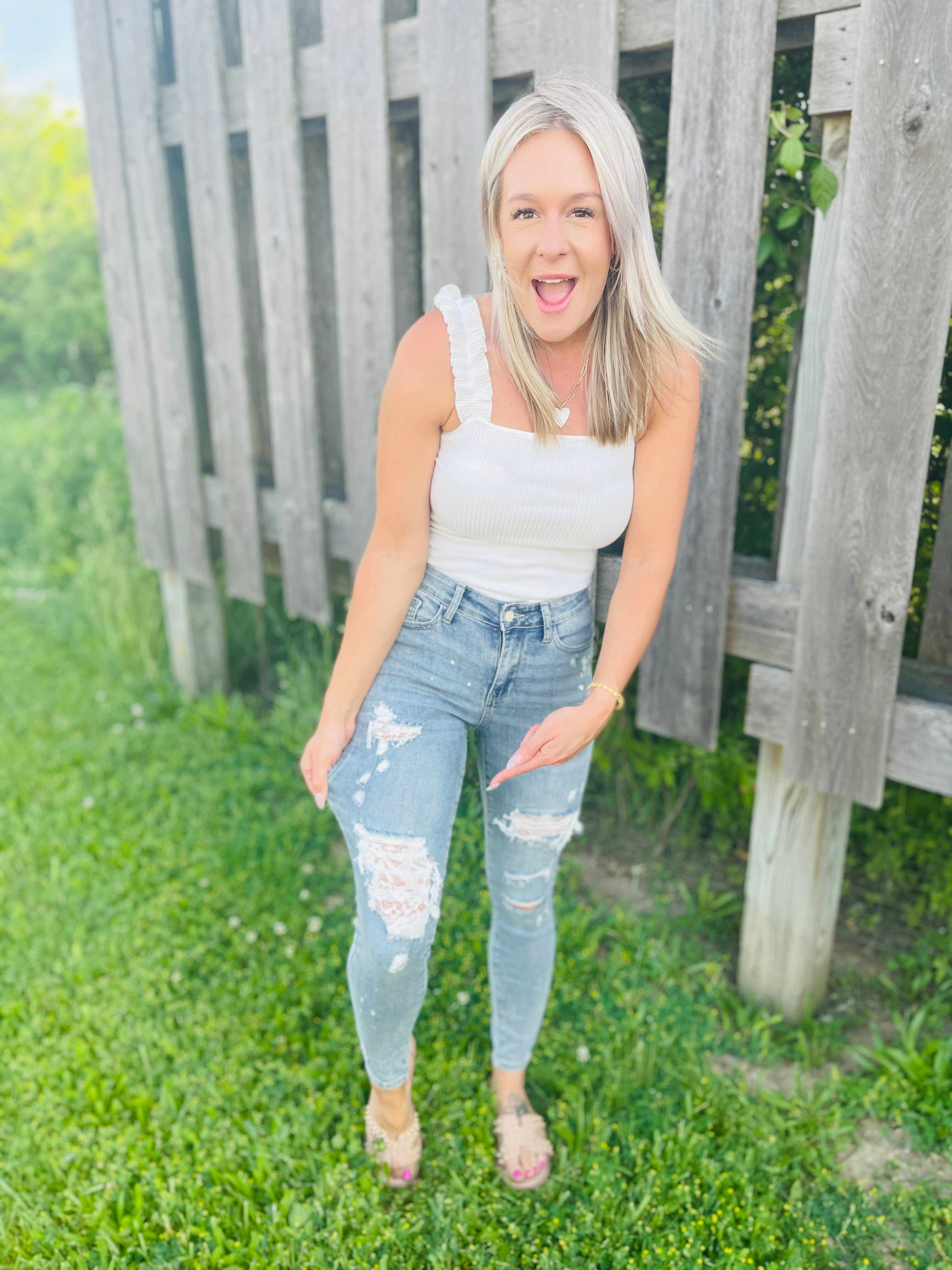 PLUS/REG All Laced Up Lace Patch Skinny Jeans