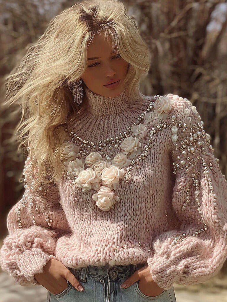 Women's Vintage Rose Floral Art Cozy Knit Turtleneck Sweater