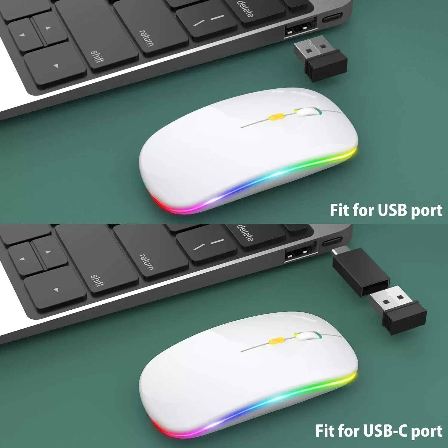 [Upgrade] LED Wireless Mouse, Slim Silent Mouse 2.4G Portable Mobile Optical Office Mouse with USB & Type-c Receiver, 3 Adjustable DPI Levels for Notebook, PC, Laptop, Computer, MacBook (Pink)