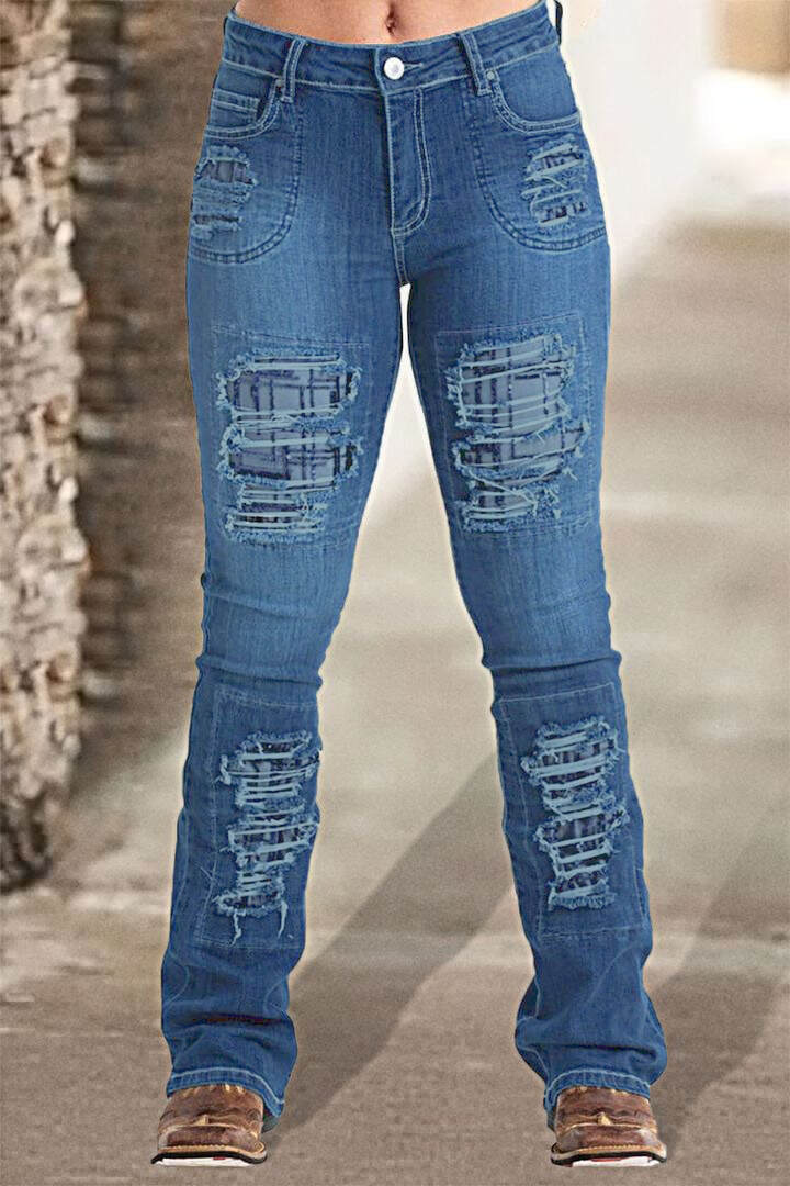 Vintage Stripe Print Ripped Mid Waist Jeans
